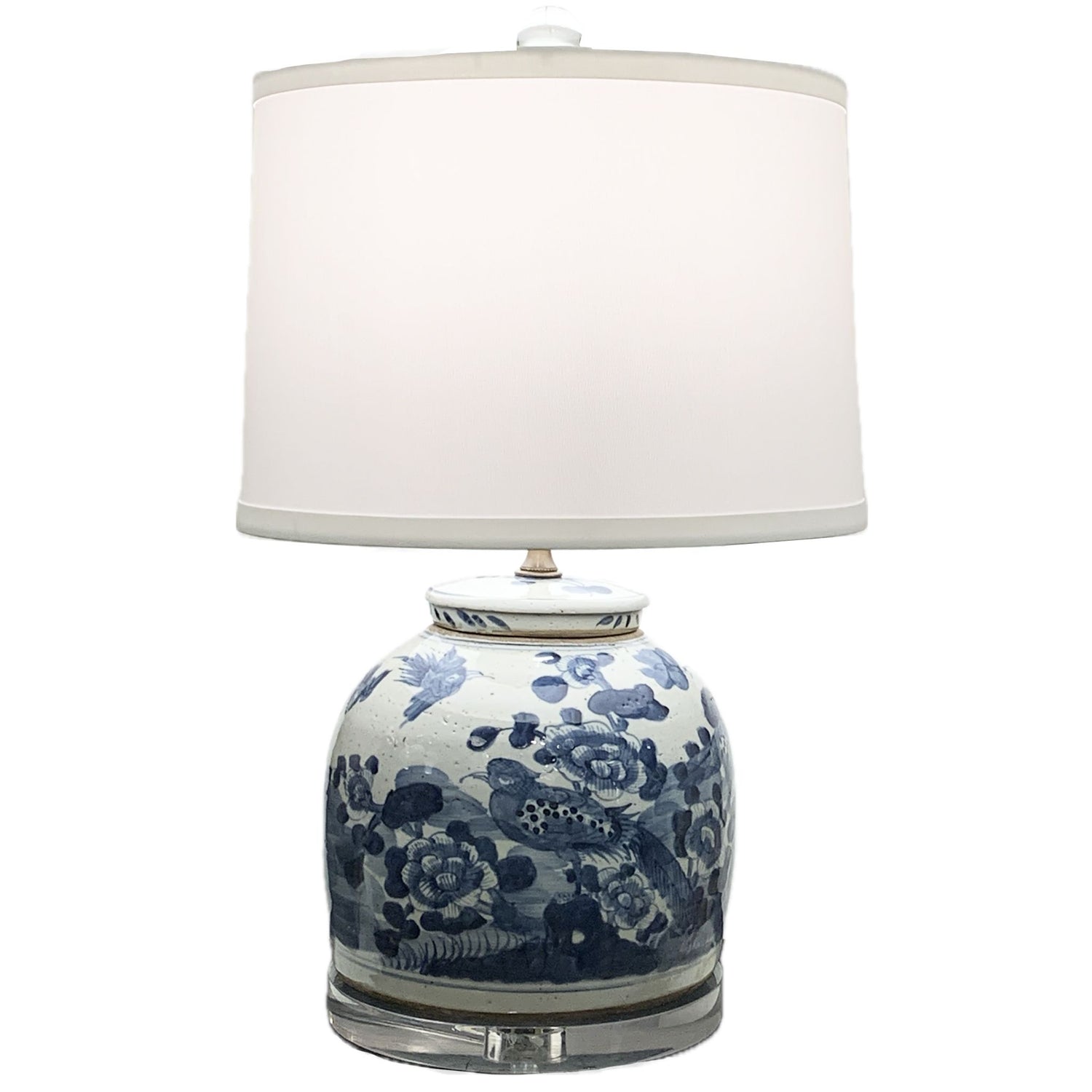 Blue & White Jar Lamp with Bird and Flower Motif, 22"h