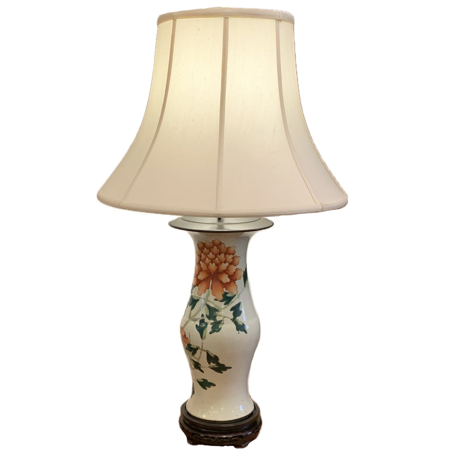 Vintage Asian Porcelain Lamp w Chrysanthemum Motif, 32"h