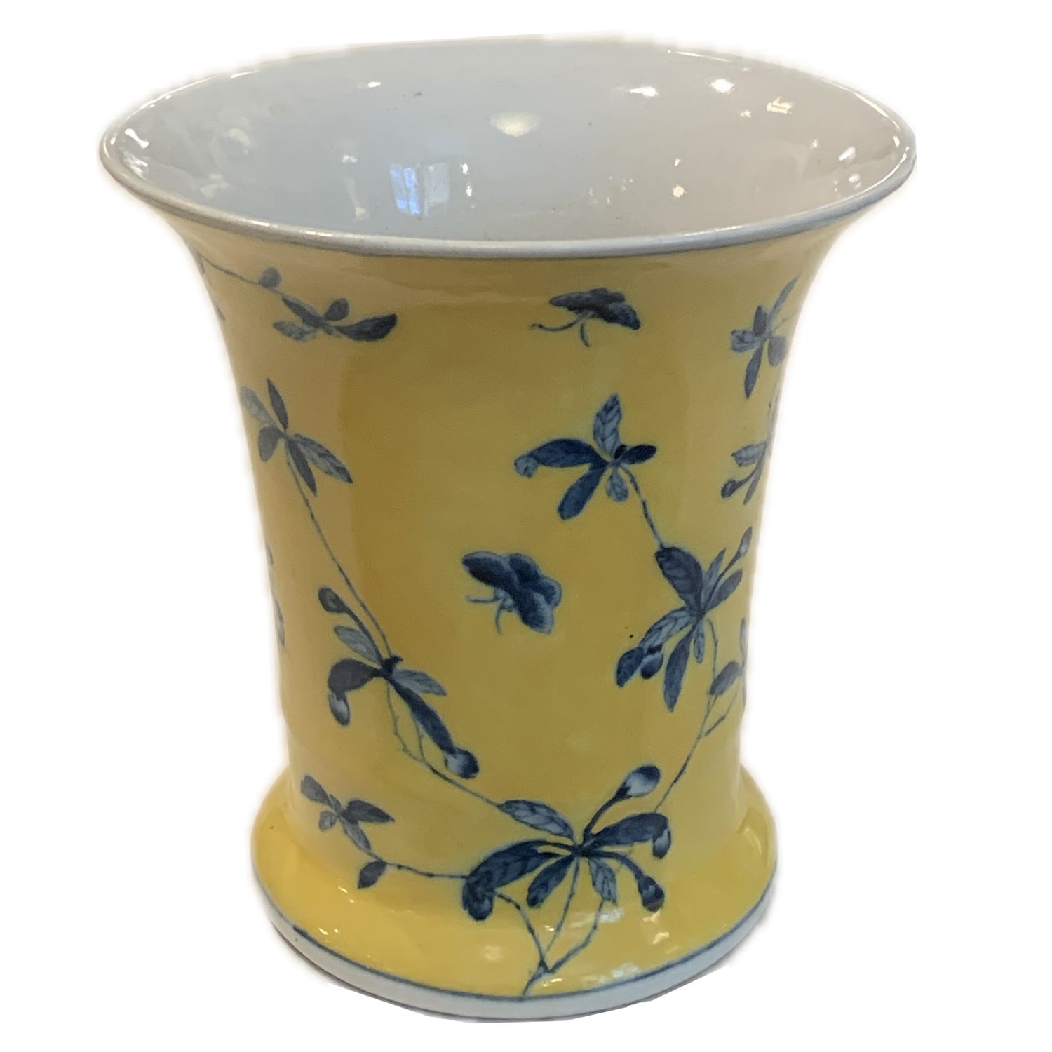 Vintage Yellow Vase with Blue Floral & Butterfly Motif