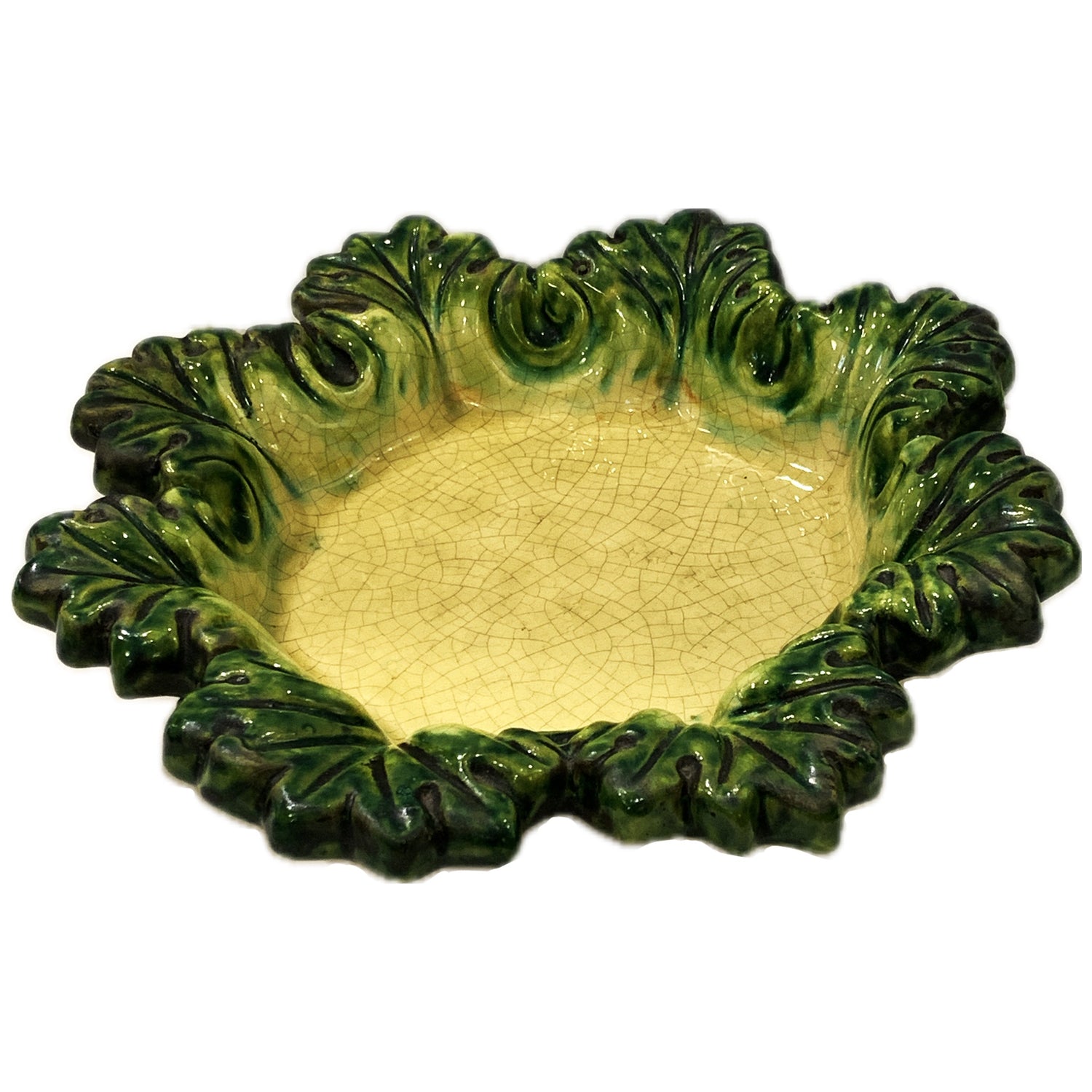Italian Crackle Glazed Pottery Leaf Dish