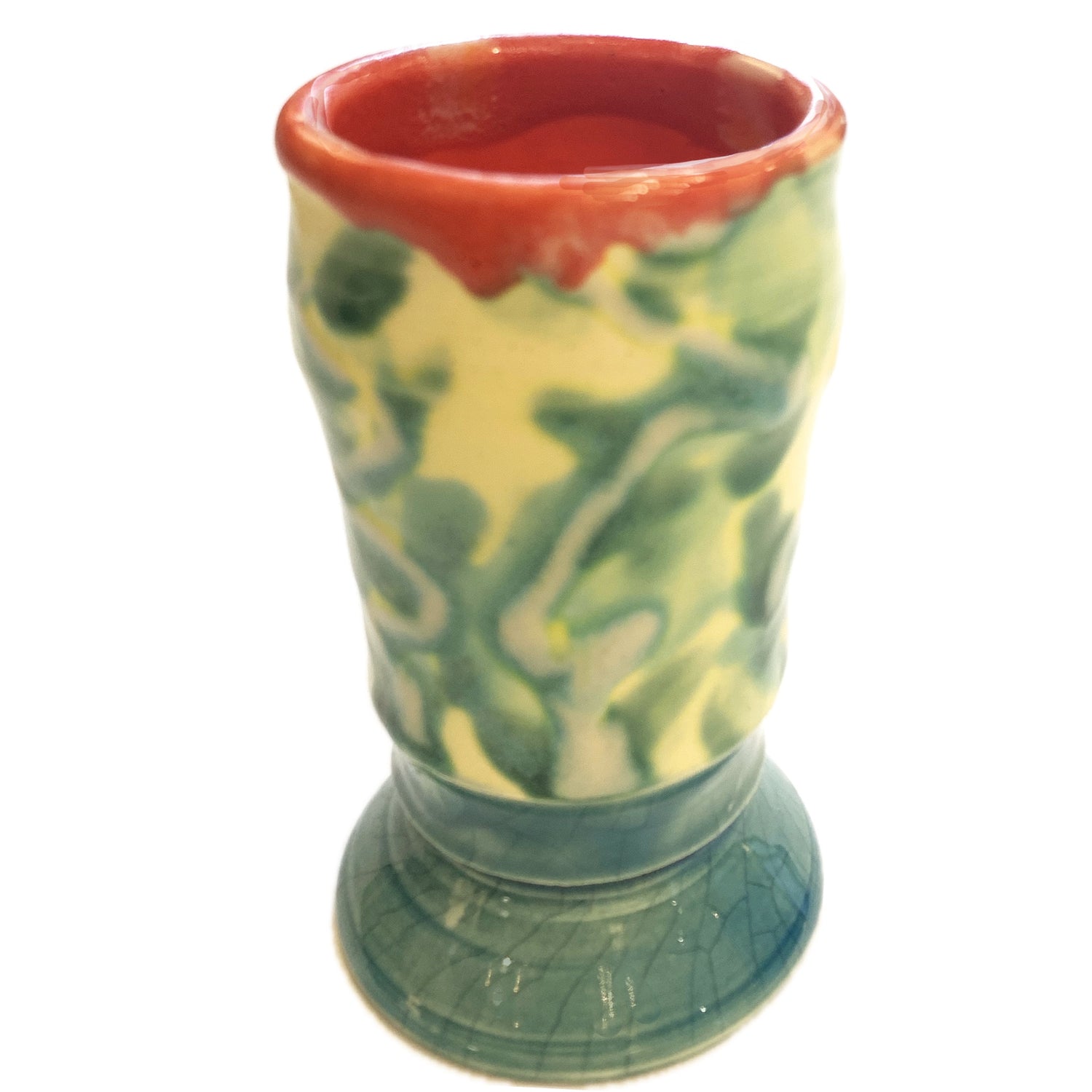 Vintage Green, Yellow, Orange Pottery Vase, 2.5"dia x 3"h