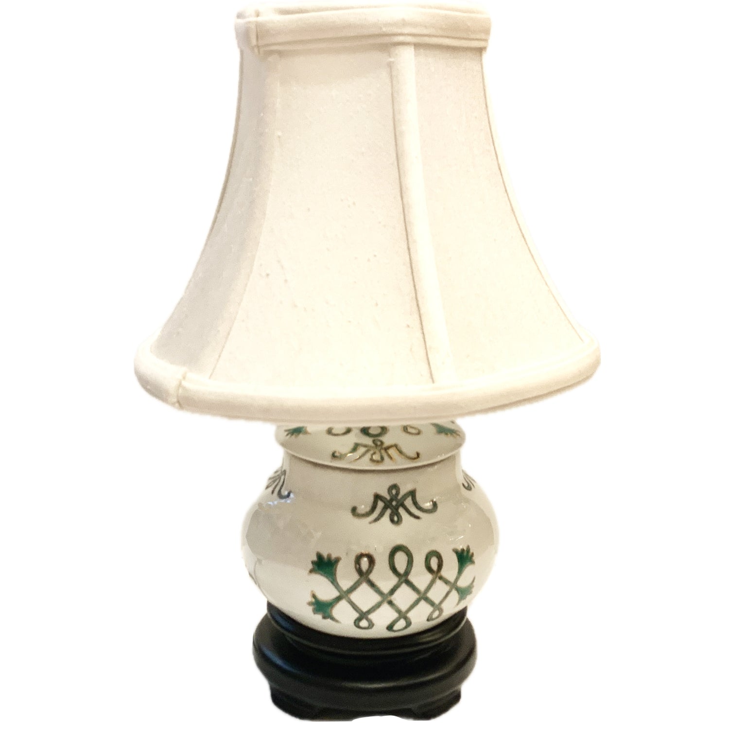 Small Vintage White Porcelain Lamp with Green & Gold Motif