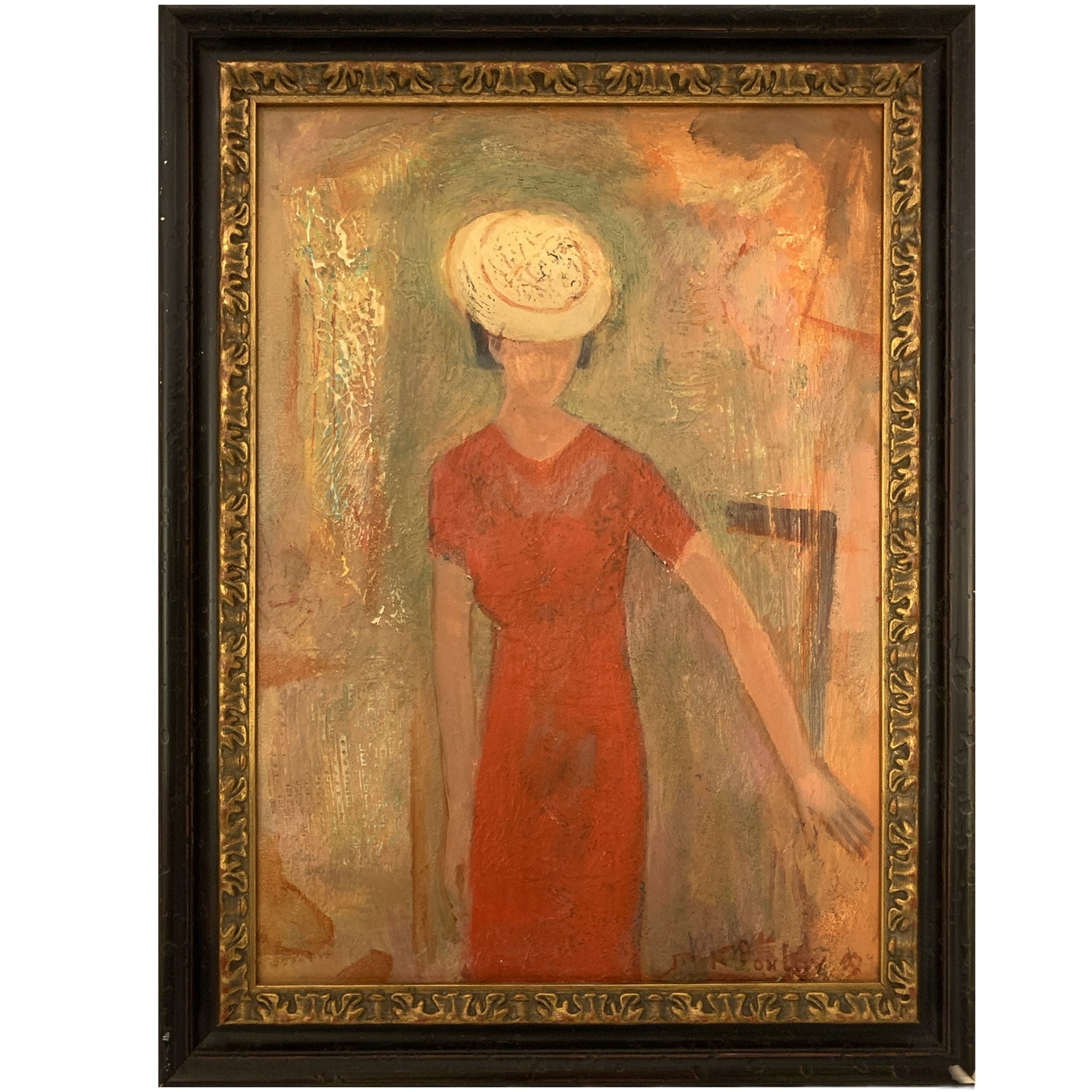 "Lady in Red" by Ilya Kaboulova (1933-2023), framed oil painting