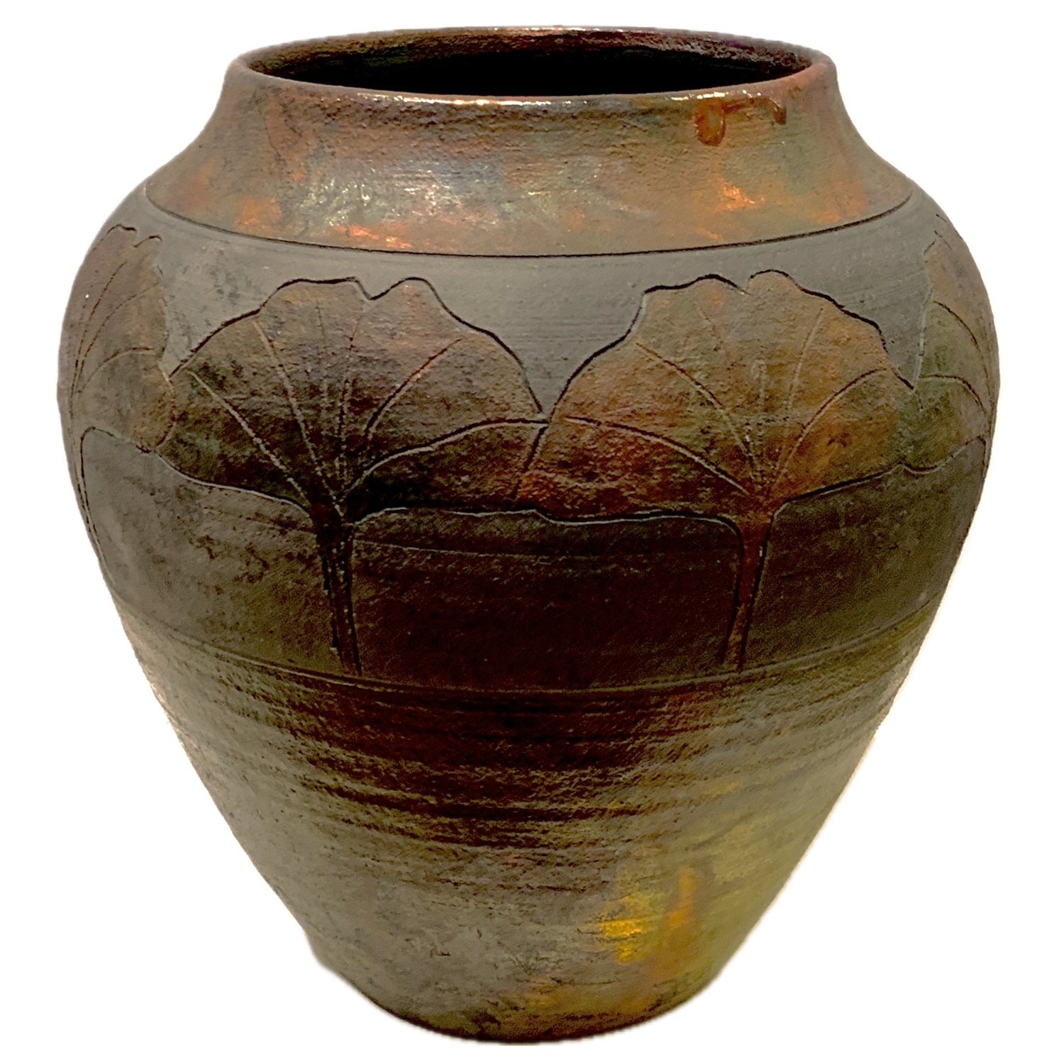 Vintage Ginko Leaf Raku Pot, 7.5"dia x 8"h