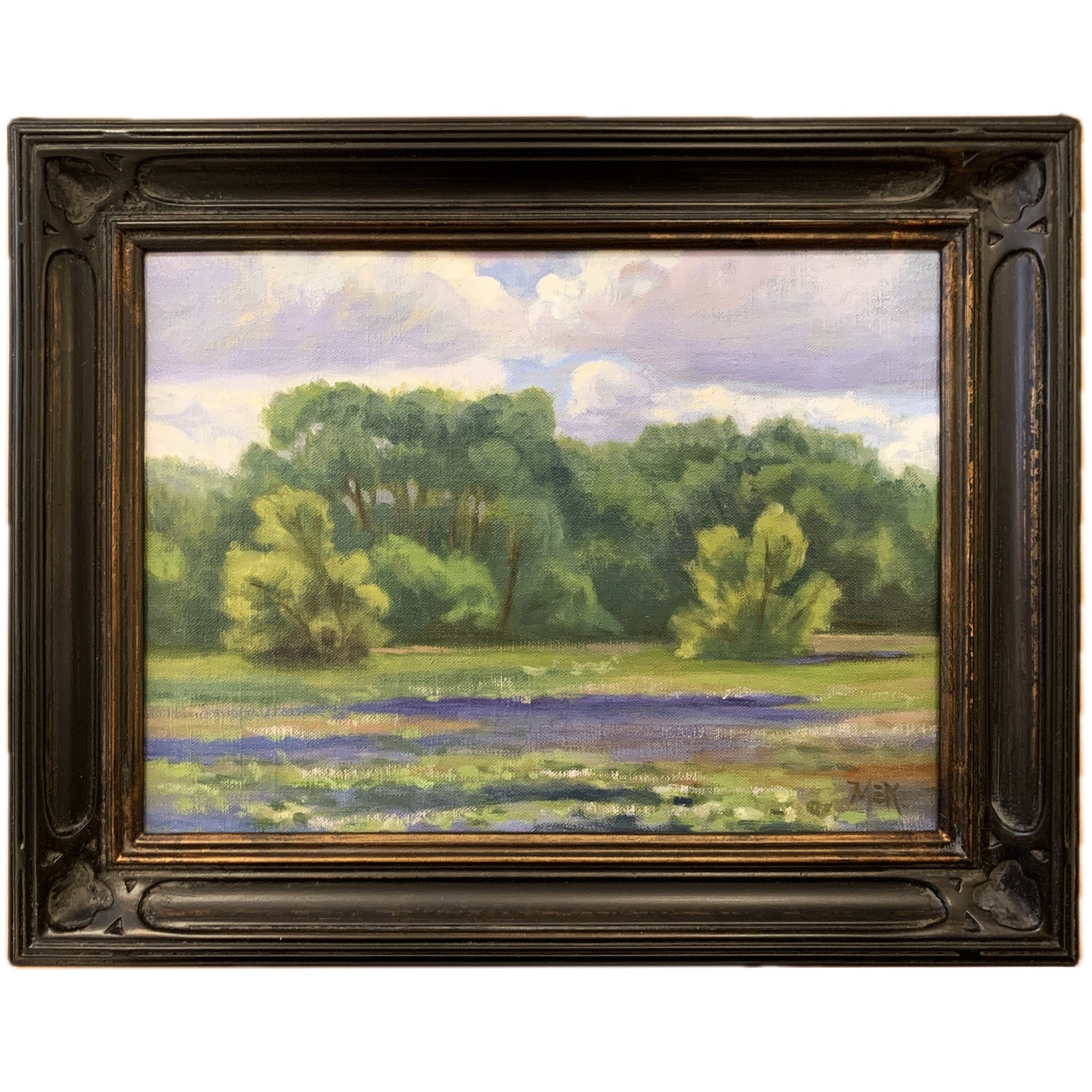 Bullfrogs and Lily Pads,  Mary Klein, Oil on Linen Panel, Framed