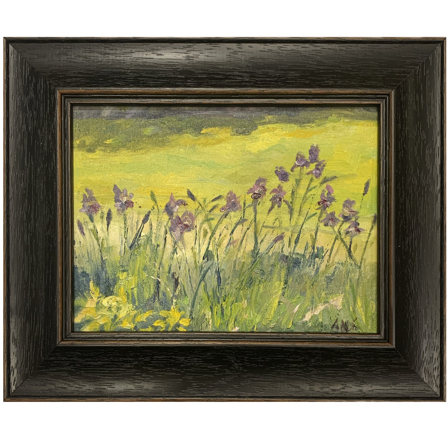 Irises All in a Row, Annette Nicoletti Swanson, Oil on Canvas, Framed