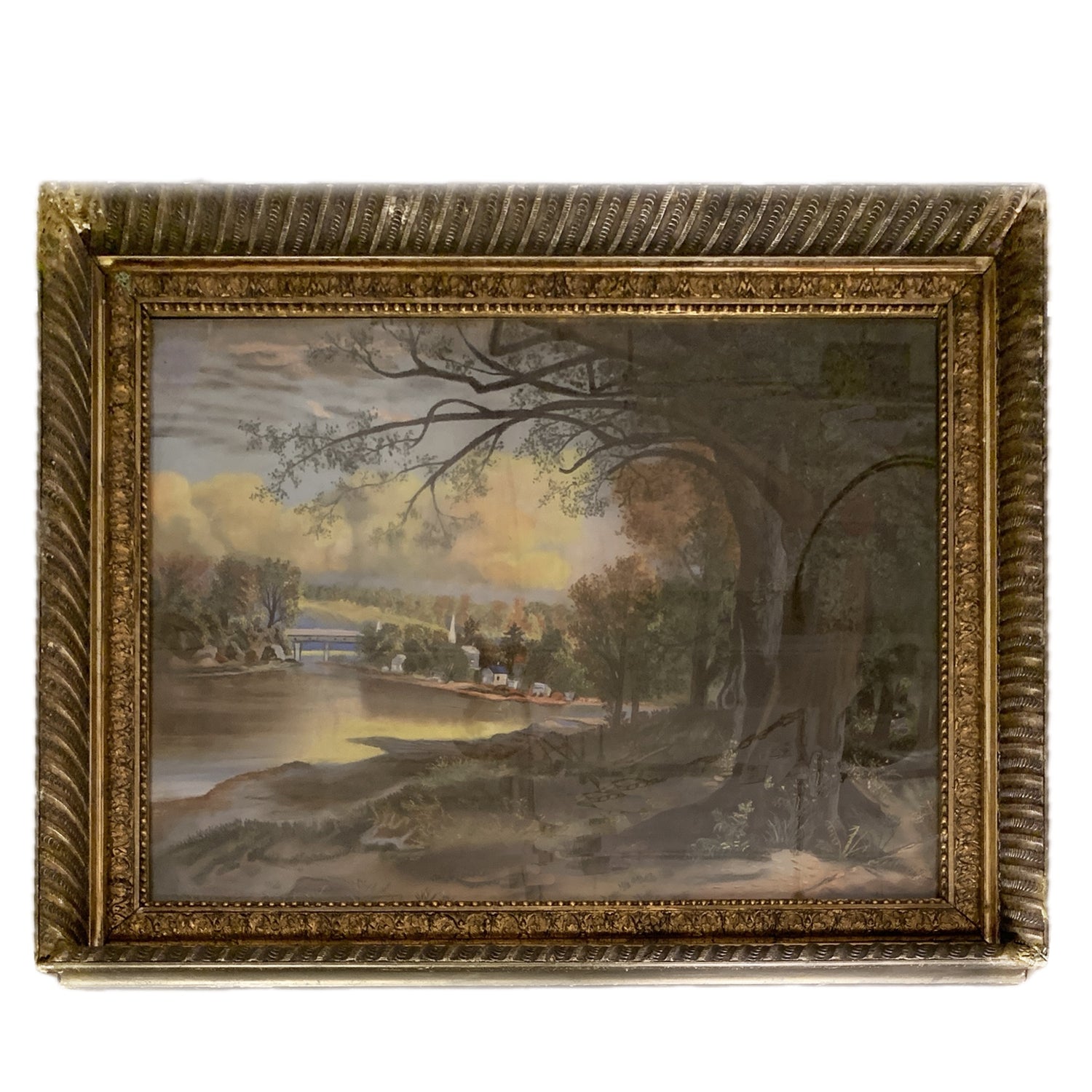 Antique Oil Pastel Village Scene