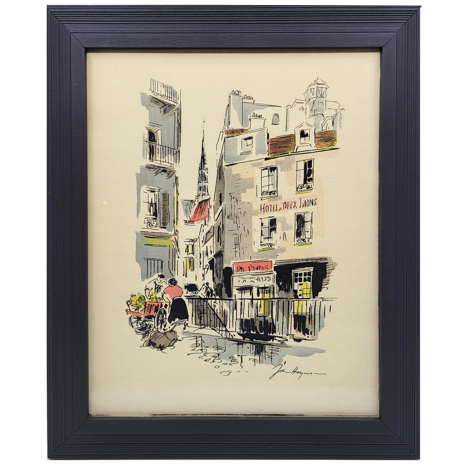 1960's Vintage Watercolor Print, John Haymson, Paris Deux Lions