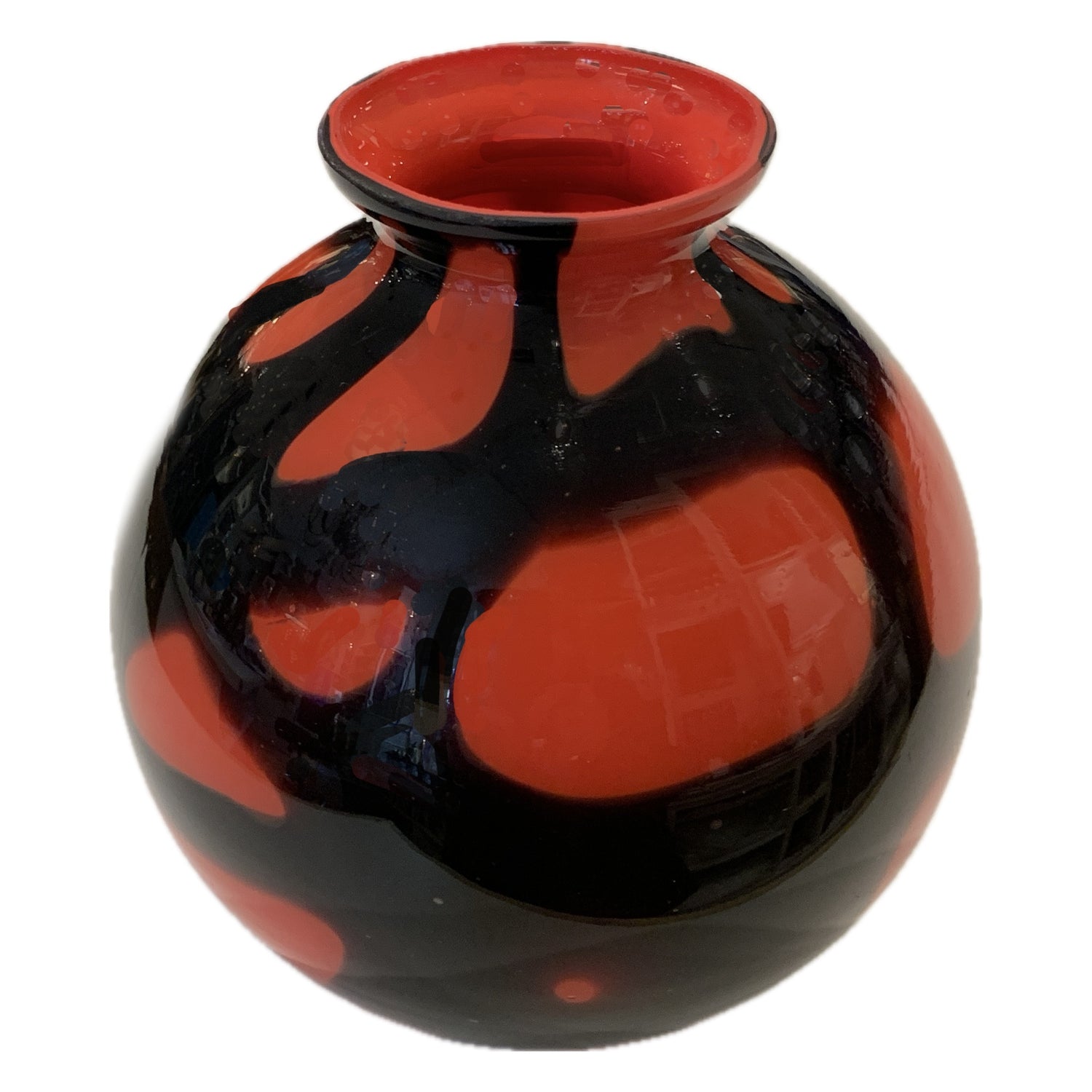 Czech Art Glass Ball Vase, Two Color Orange Black