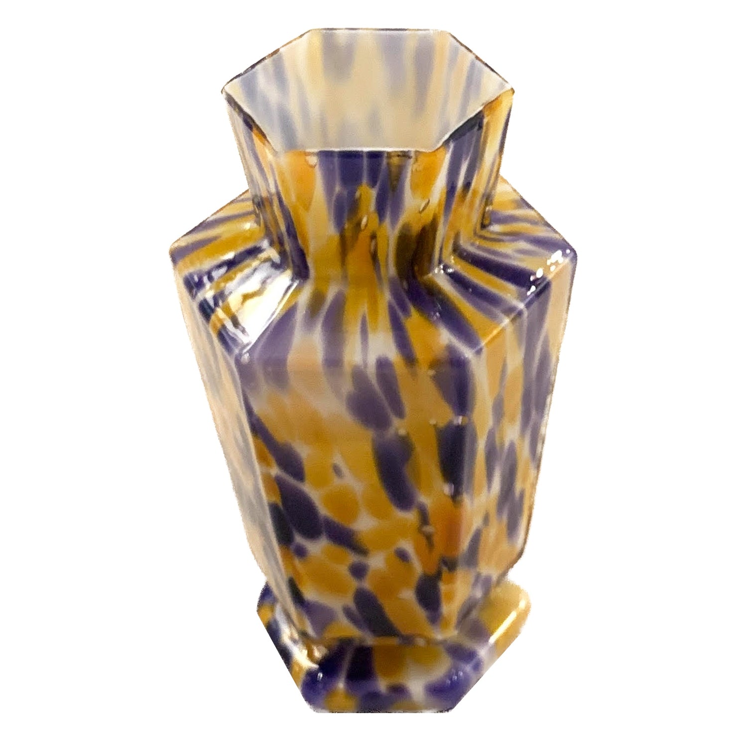 Czech Art Glass Vase, Tricolored Yellow, Purple, White