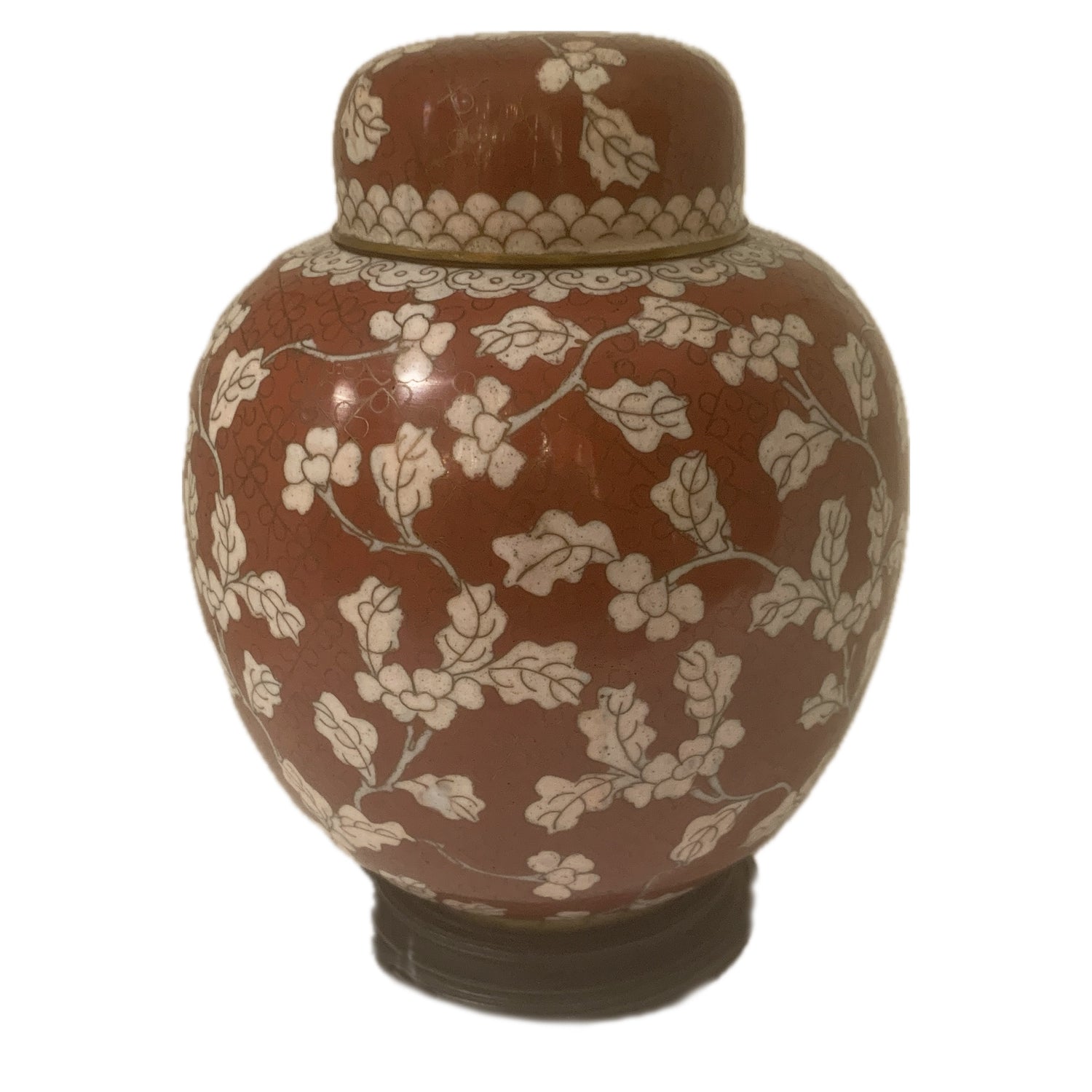 Antique Cloisonne Flower Blossom Ginger Jar With Riser