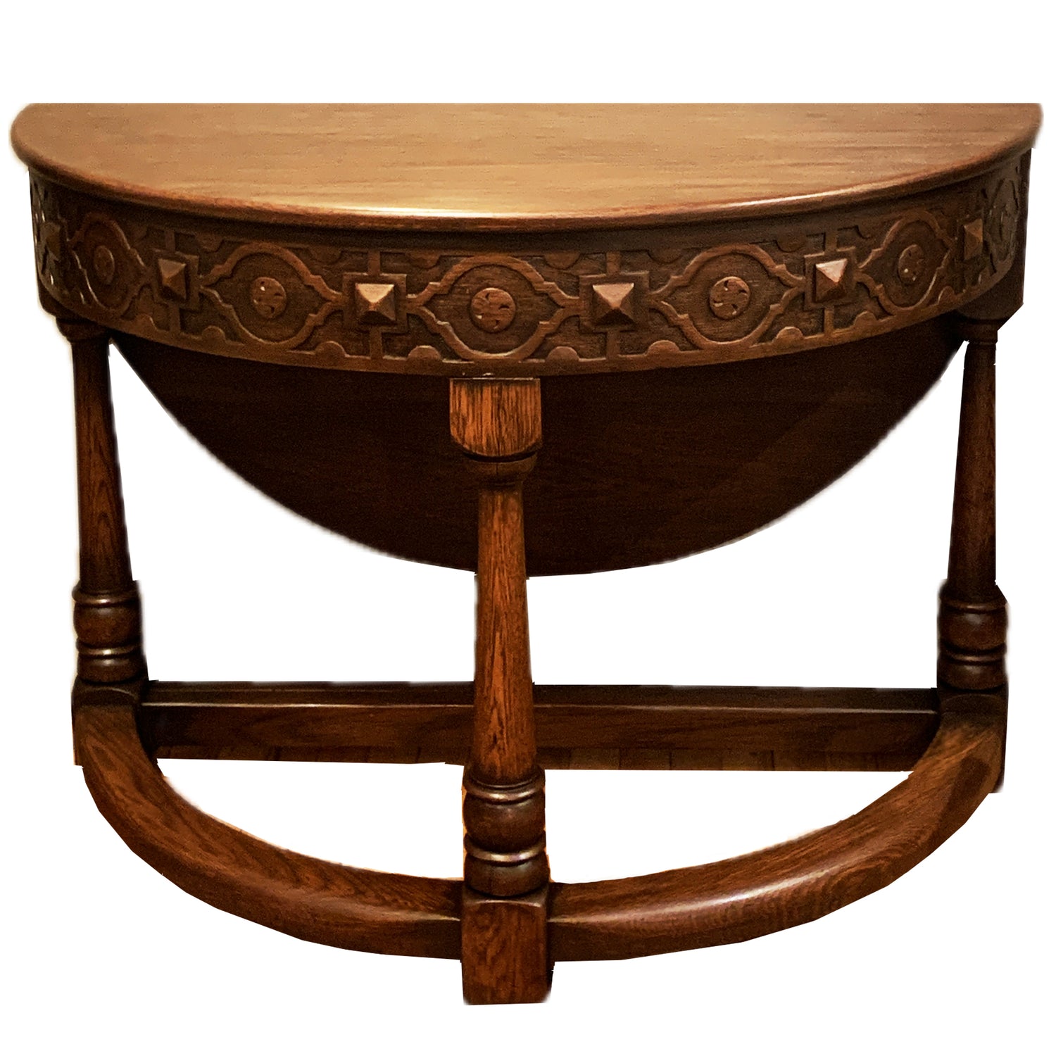 Antique Jacobean Style Carved Oak Round / Demilune Table