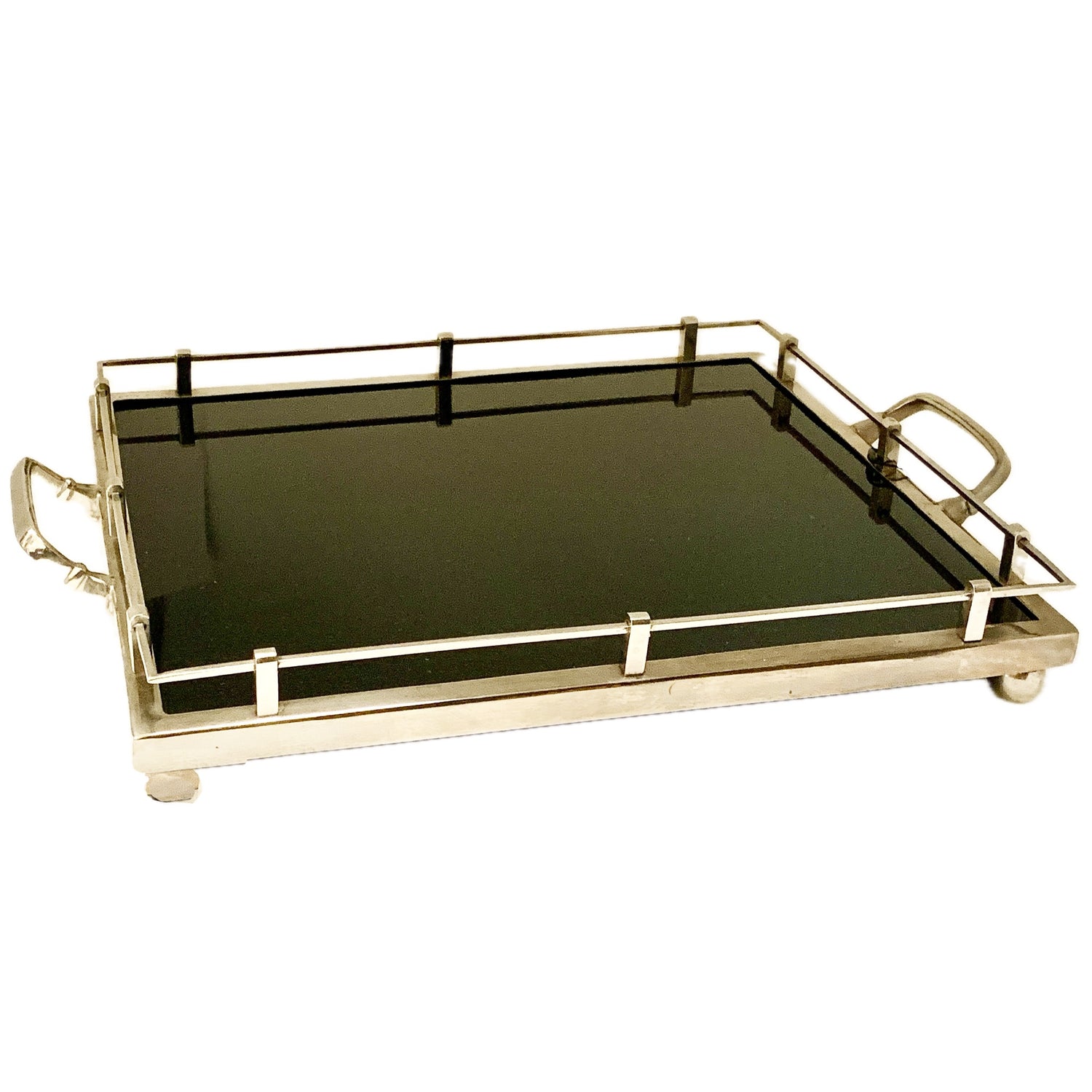Vintage Silver Metal Handle Tray With Black Glass