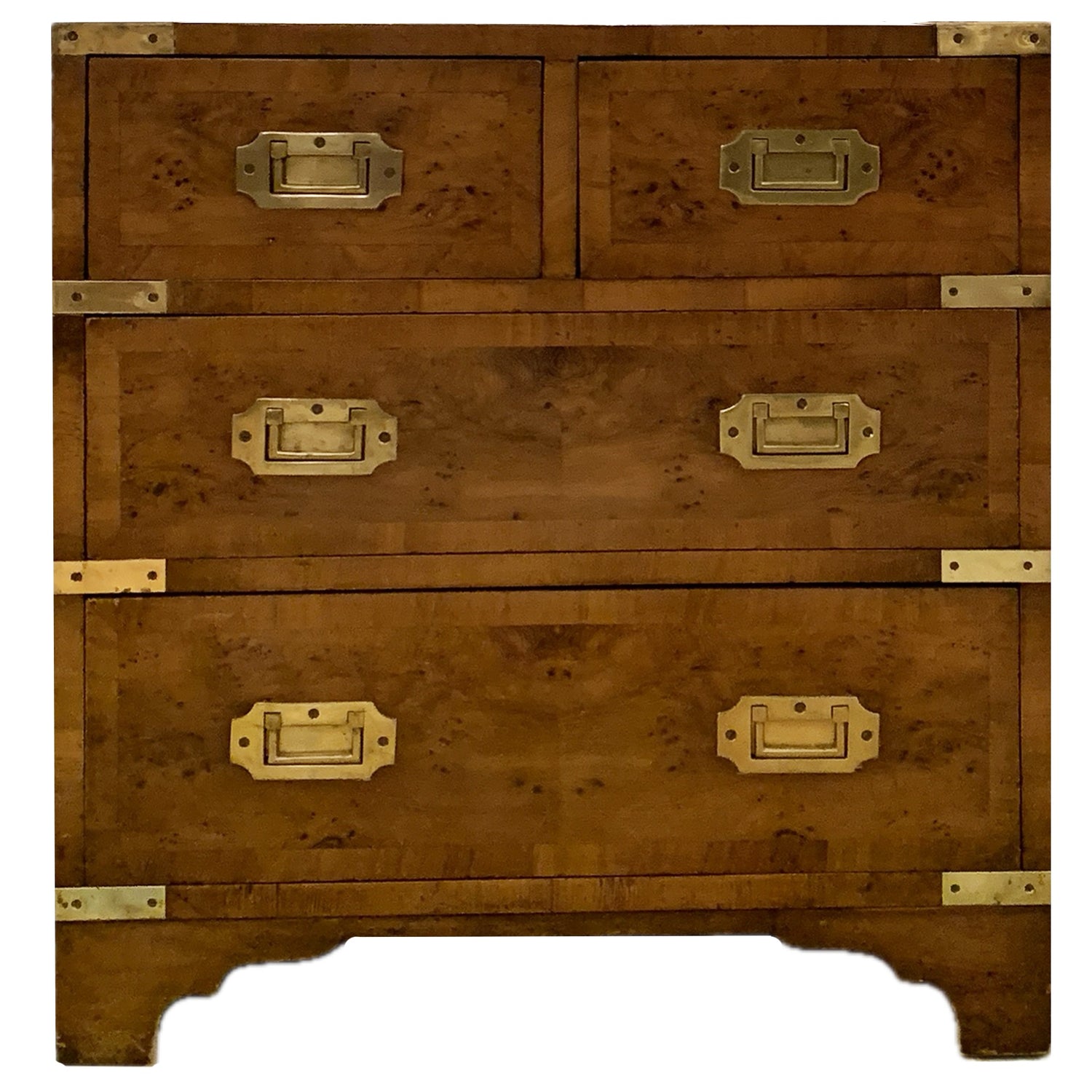 Four-Drawer Burl Maple and Brass Campaign Table