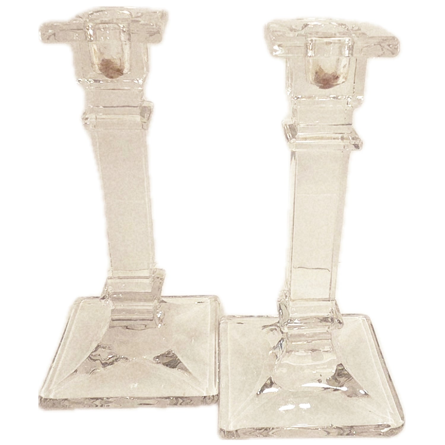 Art Deco Clear Glass Candlesticks, Vintage, Pair