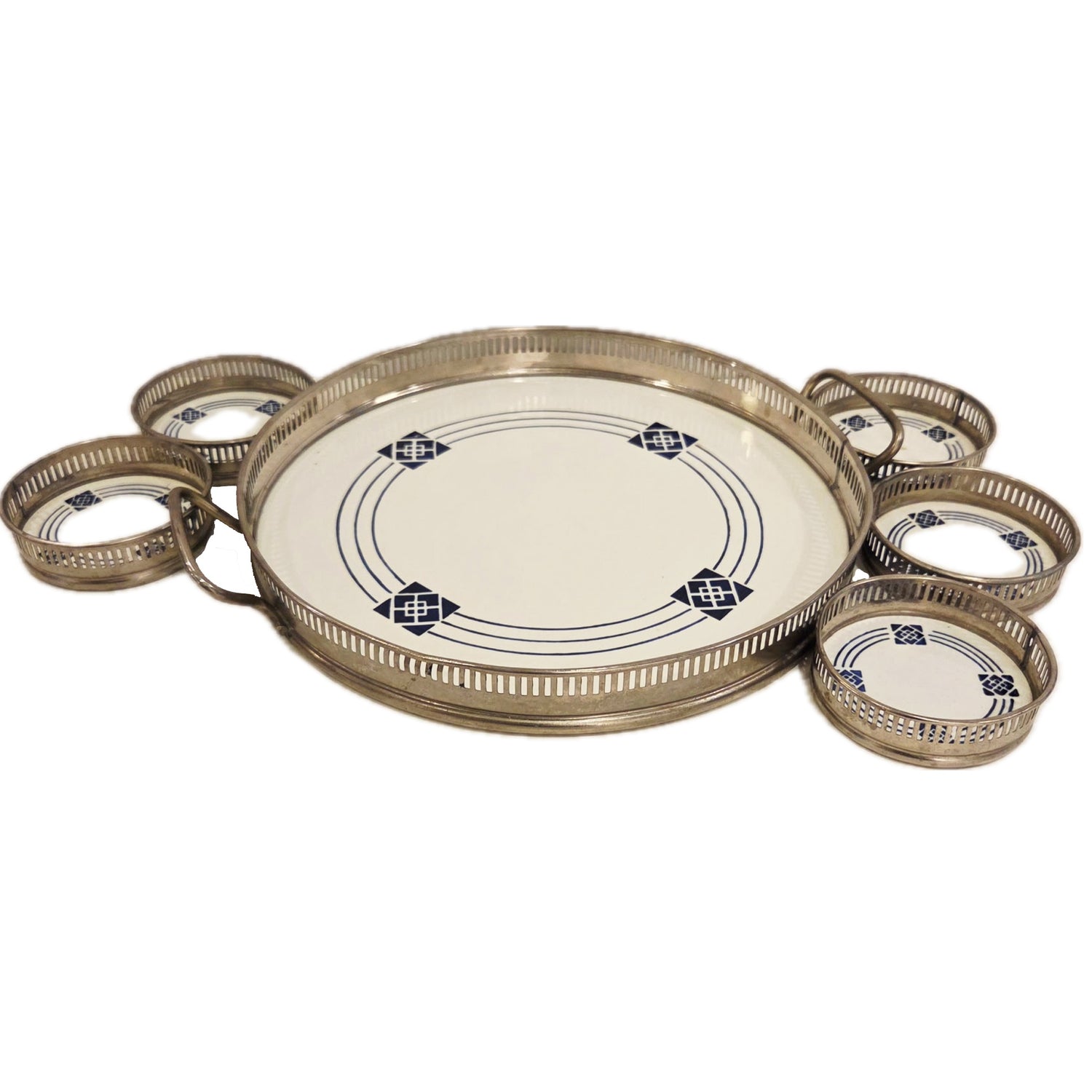 Dutch Vintage White Porcelain Tray With Five Coasters