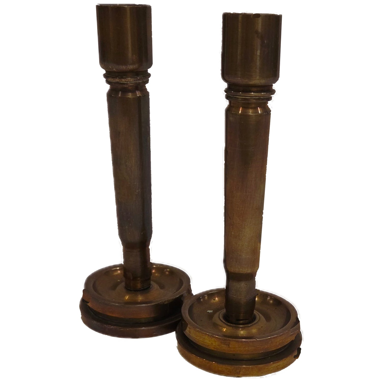 Antique Brass Trench Art Candlesticks, Pair