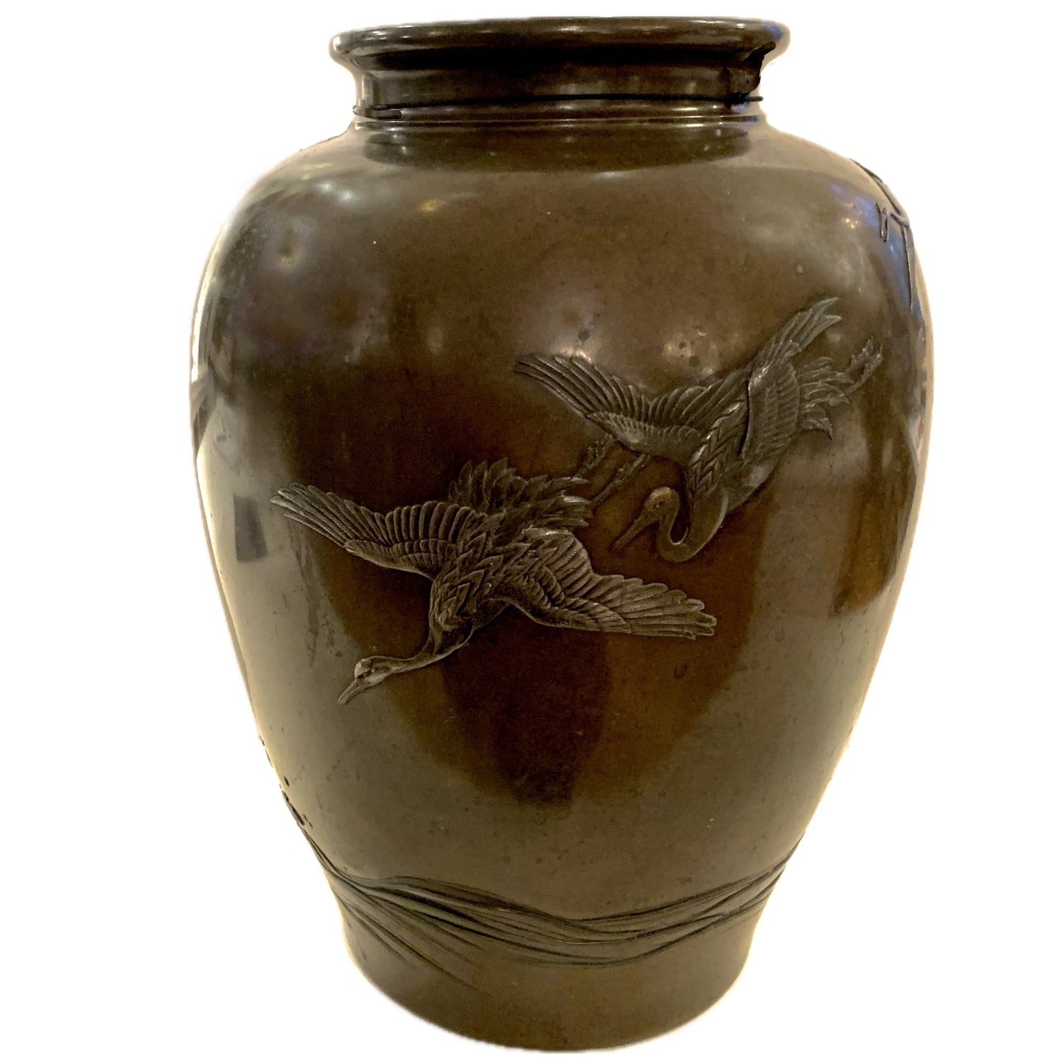 Japanese Bronze Meiji Vase With Flying Crane Detail, 1850-1920