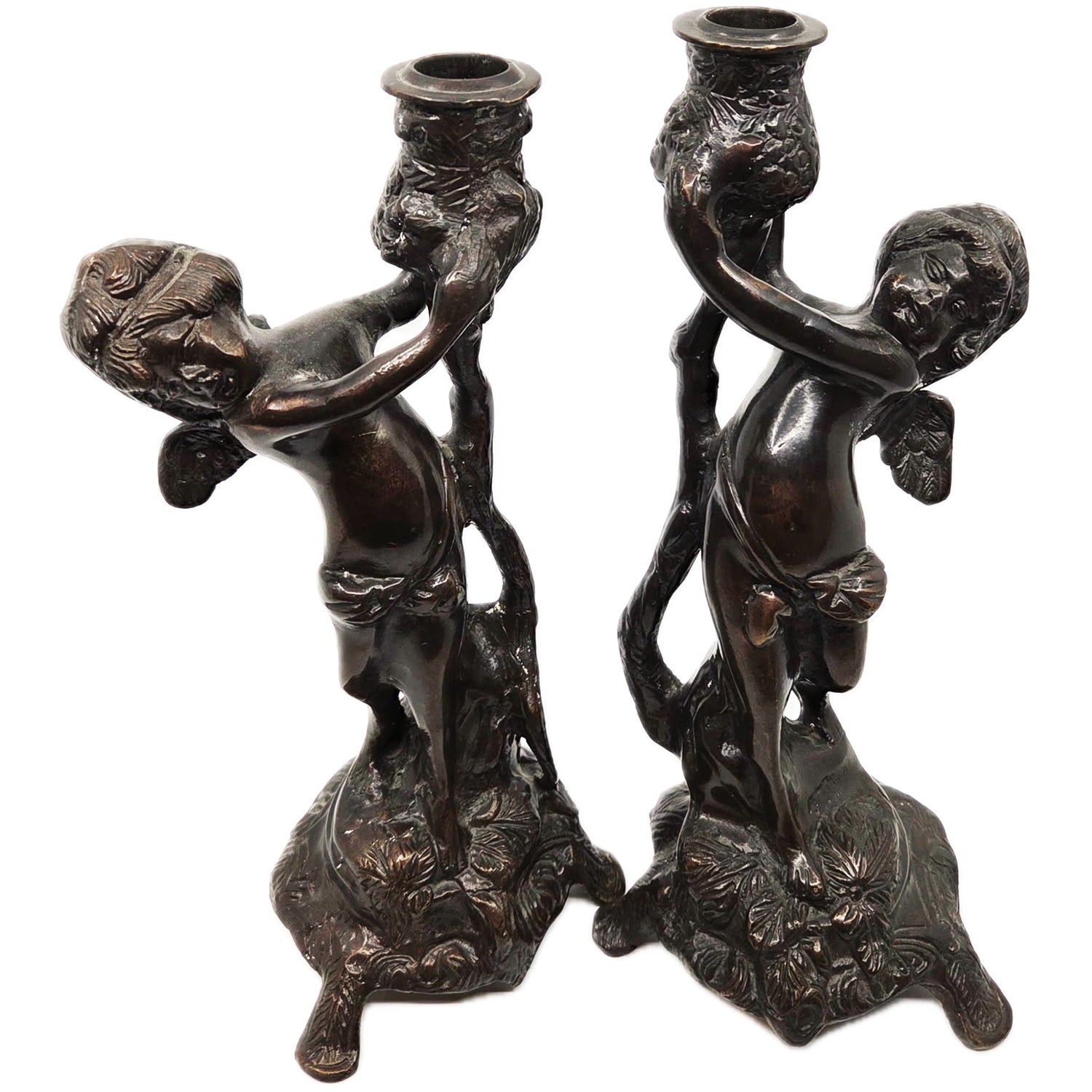 French Art Nouveau Bronze Cherub Candlesticks, Pair