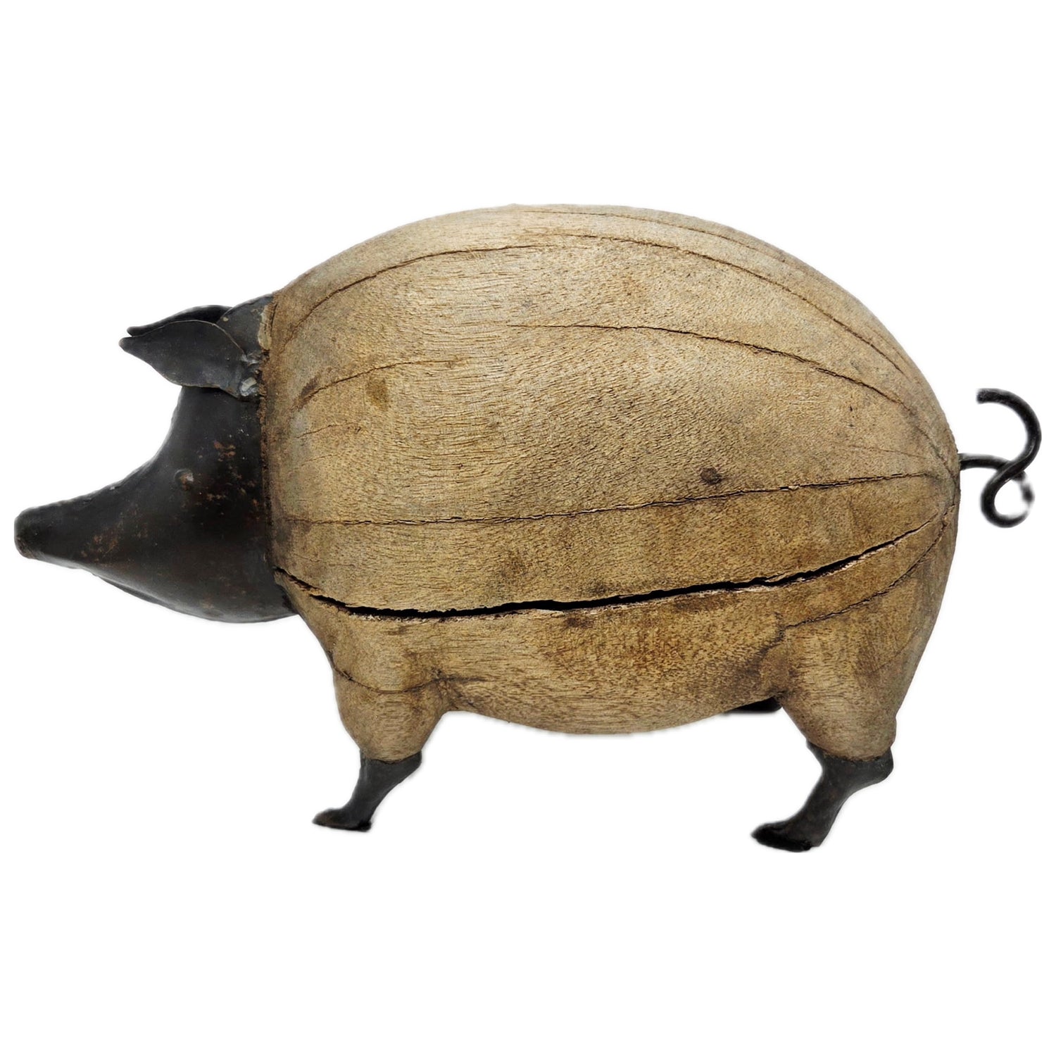 Vintage Folk Art Pig Sculpture Crafted Of Wood And Metal