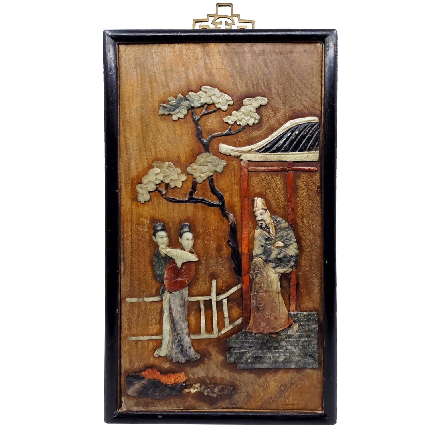 Chinese Soapstone and Mother of Pearl Wood Plaque, ca. 1920