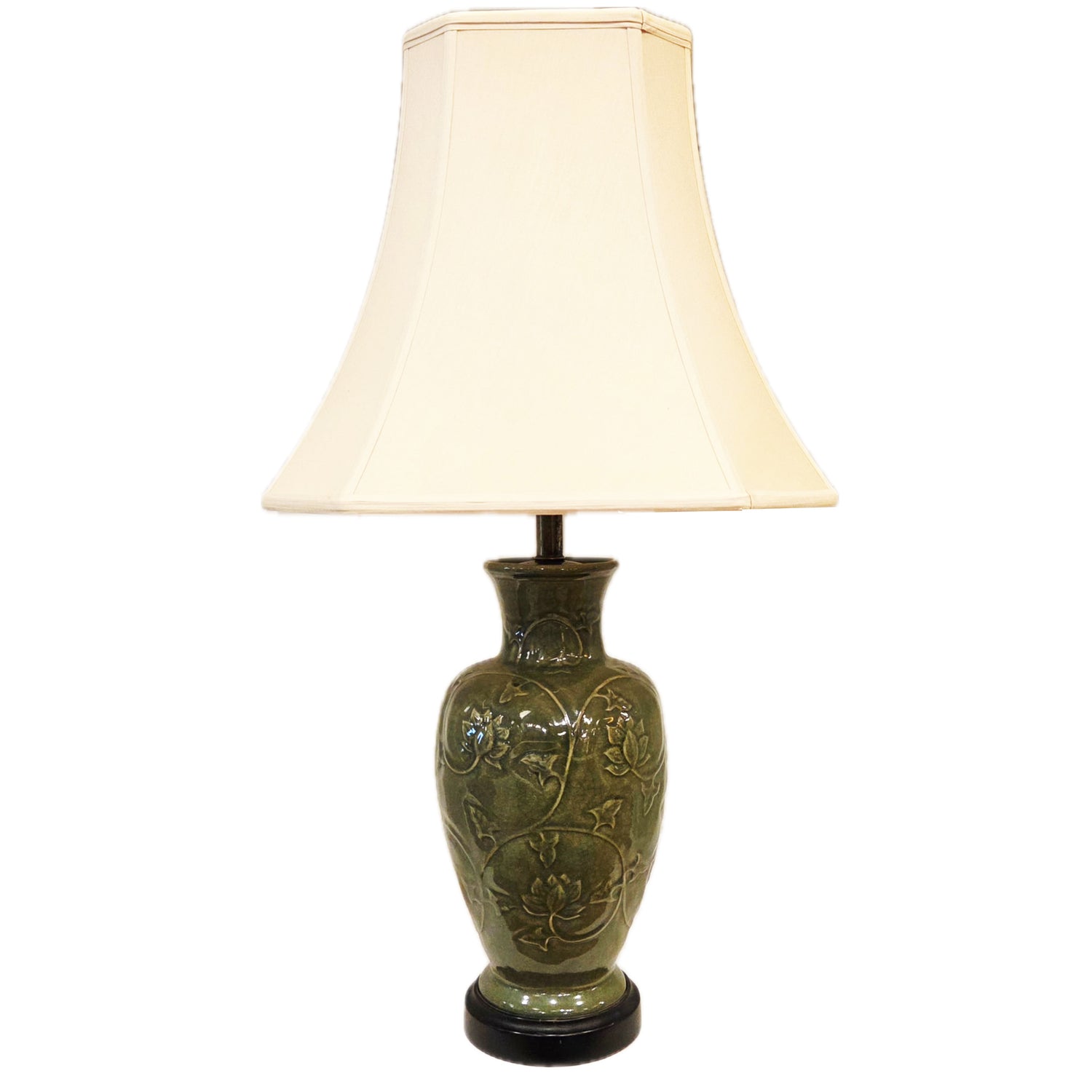 Vintage Green Crackle Glaze Lamp, Vine Floral Motif, 30.5"h