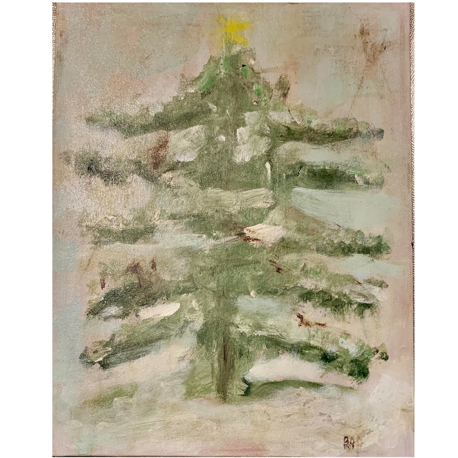 Winter Pine Tree, Original Oil On Canvas, Signed