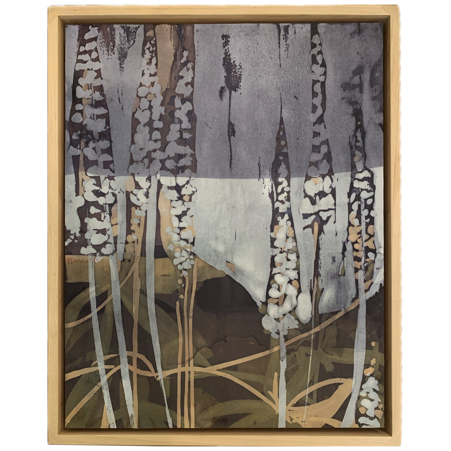 Lupine, Emily Donovan, Natural Dye and Pigment on Paper (Logwood, Orange Cosmos, Cochineal, Indigo), Framed in MapleLupine