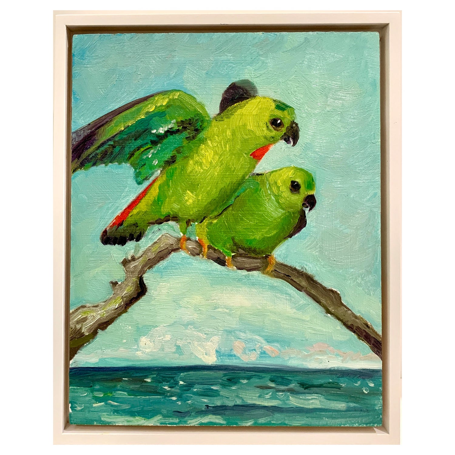Blue Crowned Parrots, 2026, Jill Michell, oil on wood panel, framed, framedadfadfadfadfadfafdffff