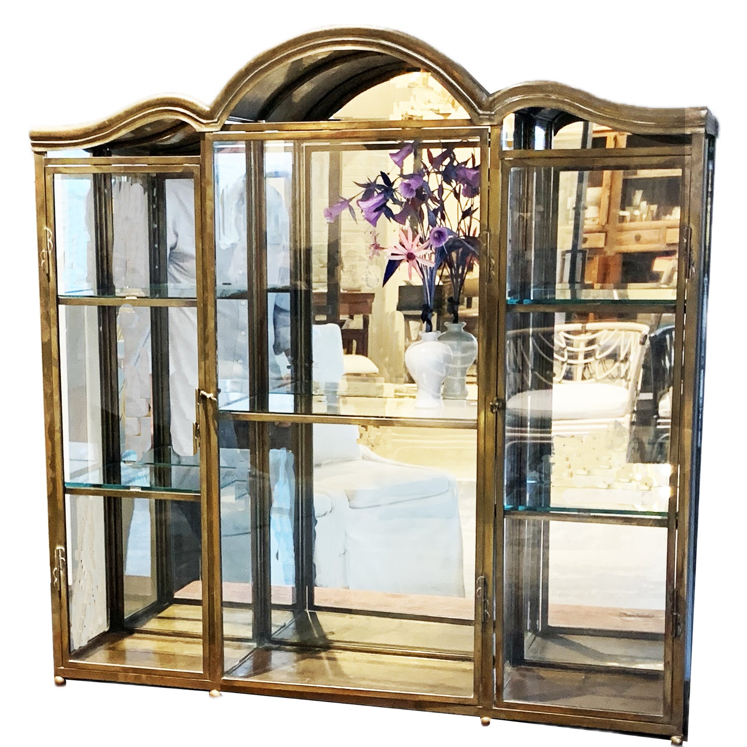 Vintage Brass Vitrine 3-Section Display Cabinet on Brass Ball Feet