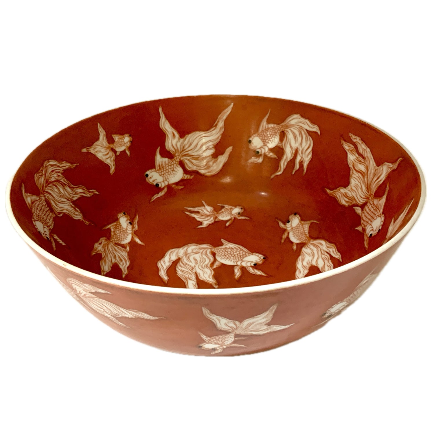 Antique Chinese Orange Porcelain Koi Bowl