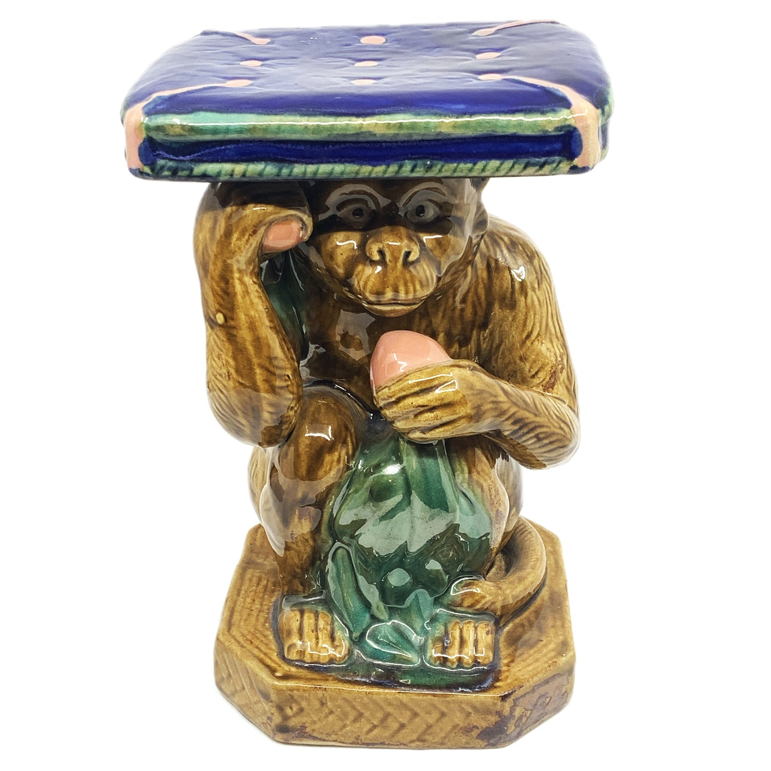Vintage Majolica Ceramic Monkey Pedestal / Plant Stand, 12"h