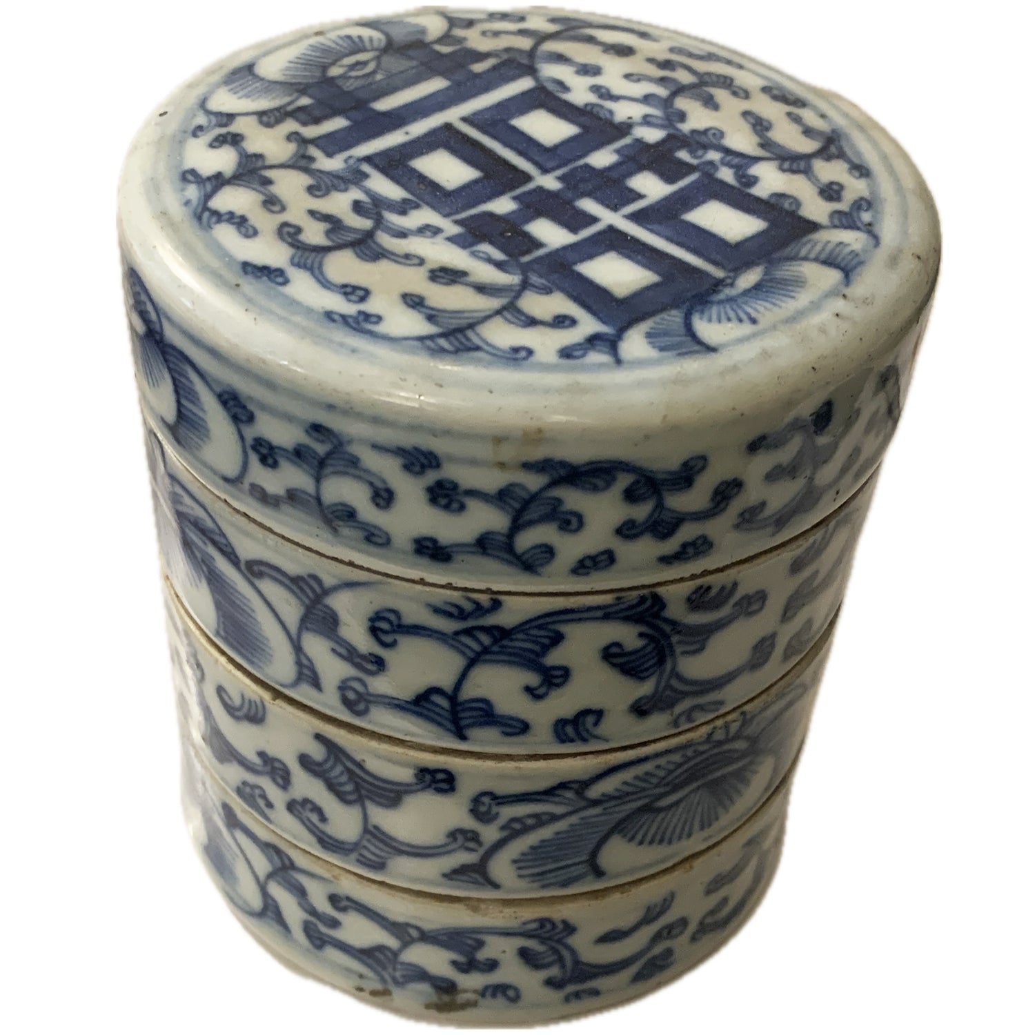 Antique Blue & White 4-Tier Round Chinese Porcelain Box