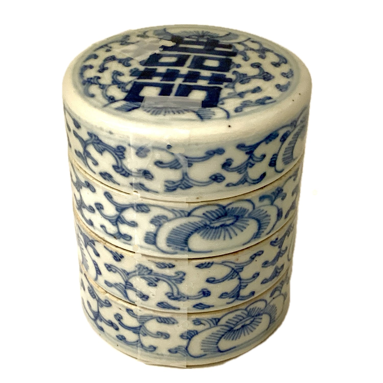Antique Blue & White Round Chinese 4-Tier Porcelain Box