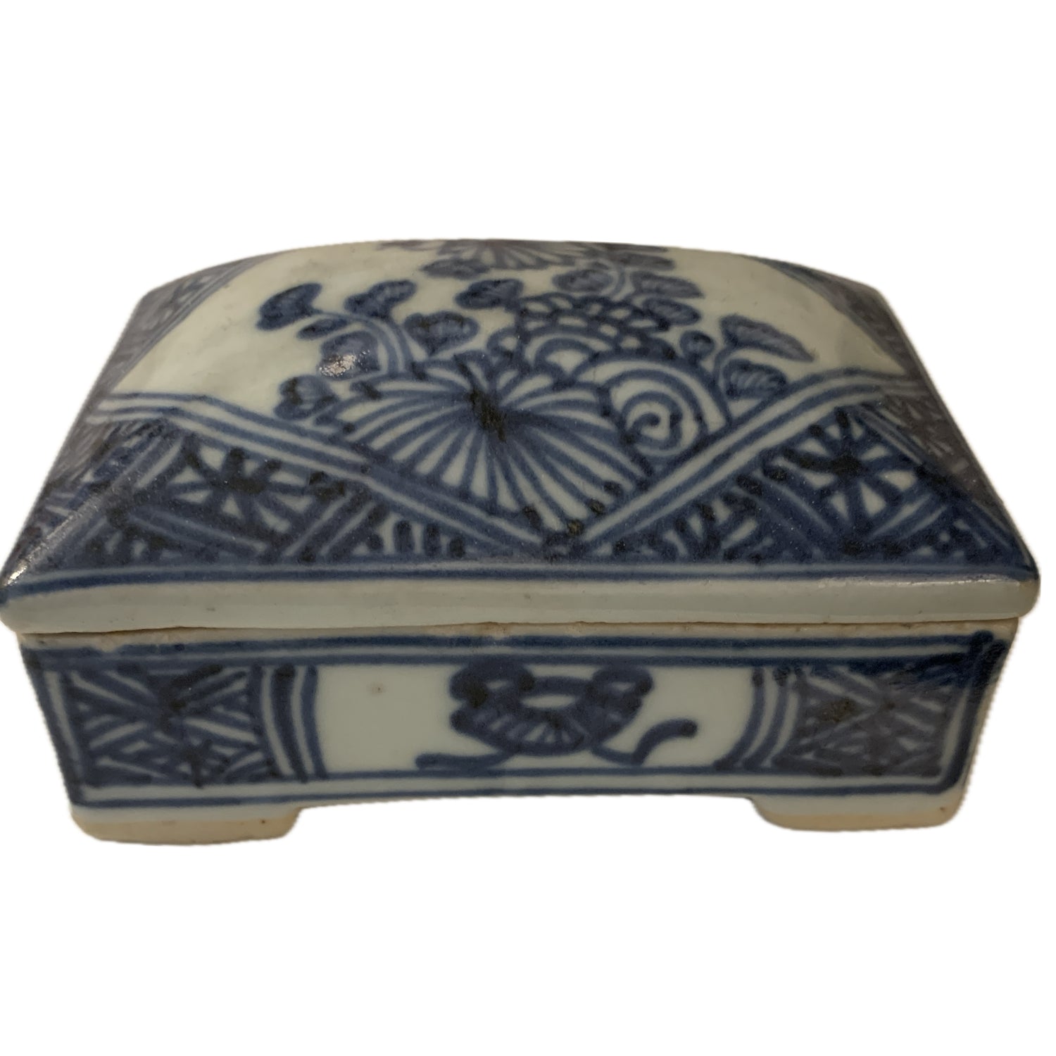 Antique Chinese B&W Rectangular Porcelain  Ink Box with Domed Lid, 3.5"w