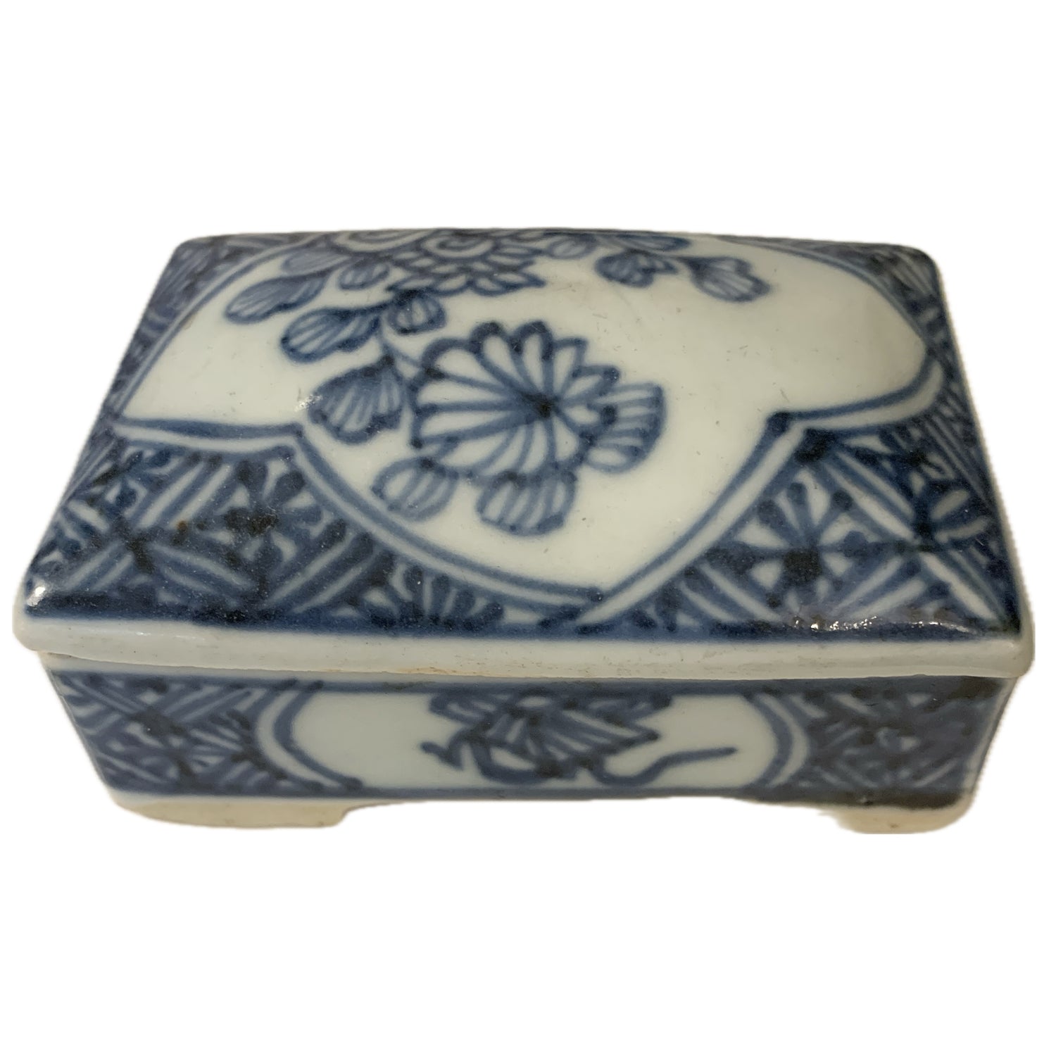 Antique Chinese B&W Rectangular Porcelain  Ink Box with Domed Lid, 3"w