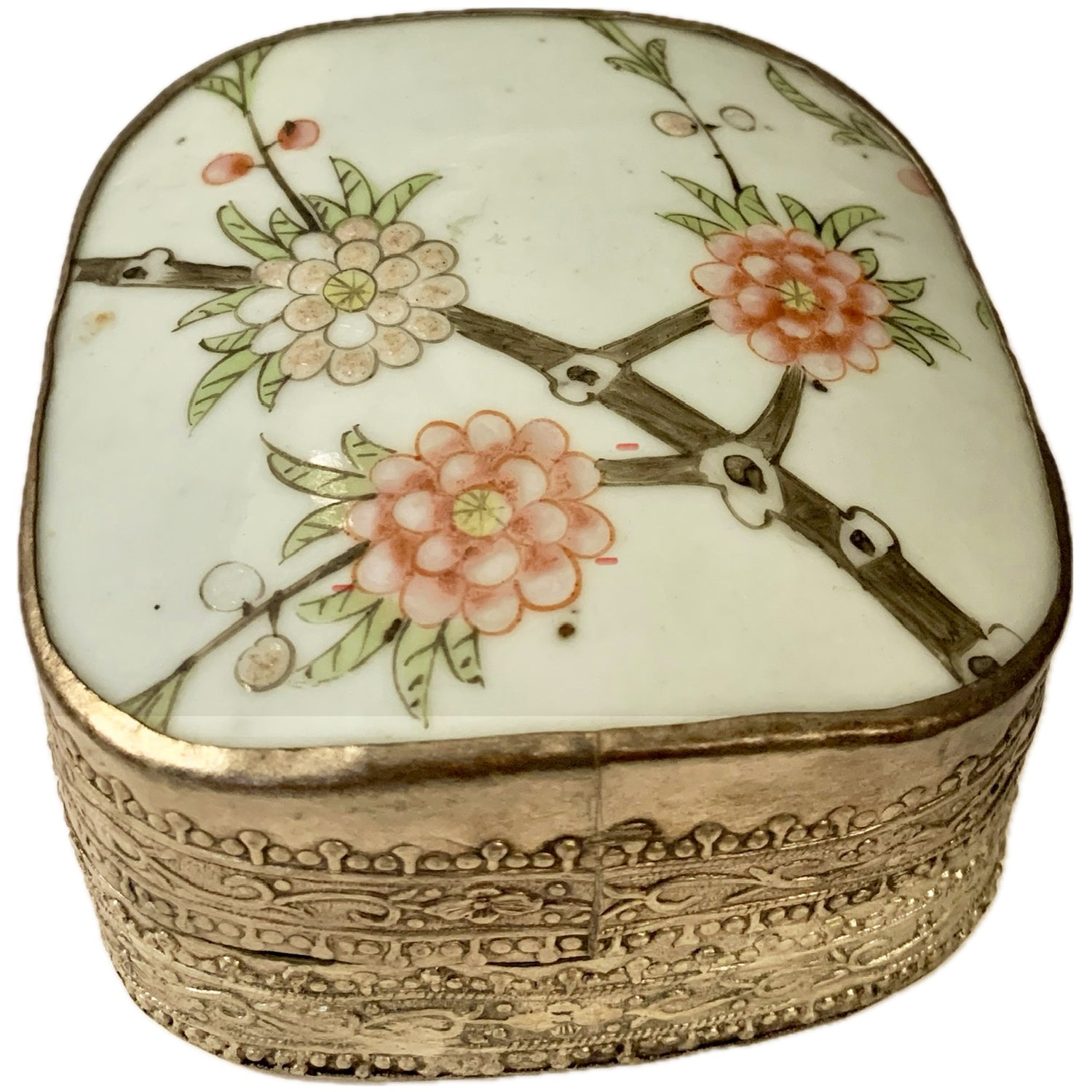 Antique Shard on Decorative White Metal Base Box, Pink Floral