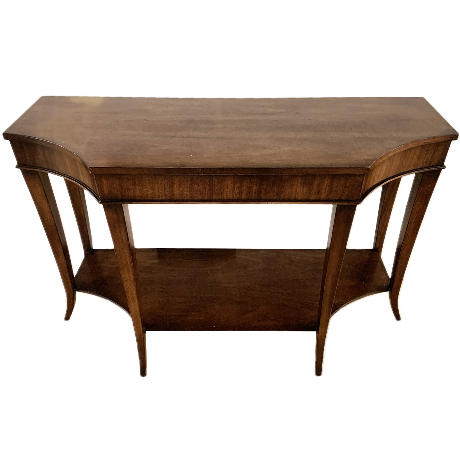 Vintage Mahogany Baker Console with Lower Shelf, Tapered Saber Legs