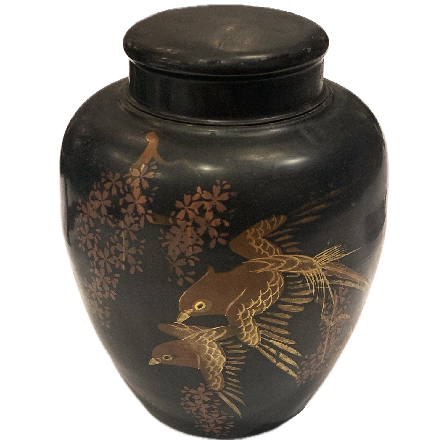 Vintage Matte Black Covered Jar with Gold Birds, Japan