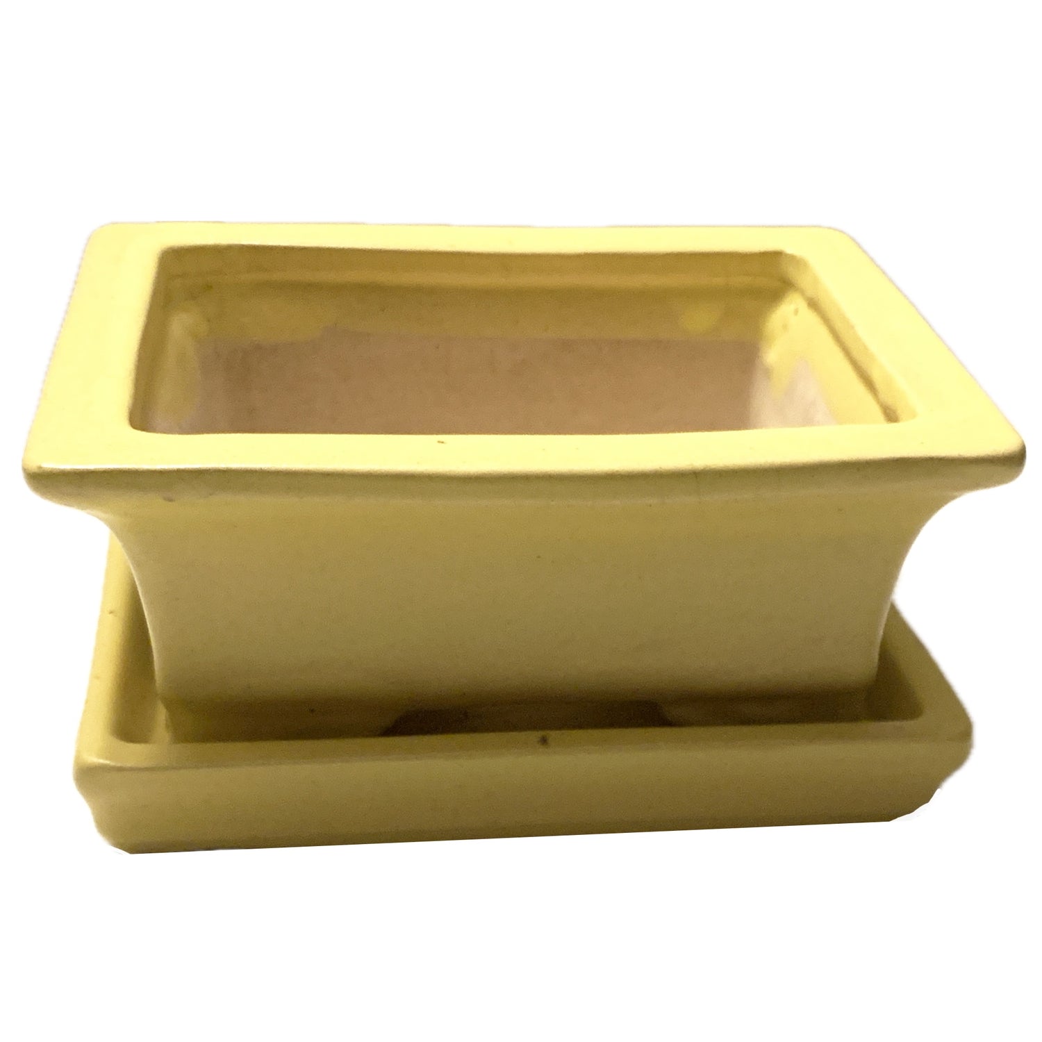 Vintage Yellow Glazed Pottery Bonsai Planter with Tray