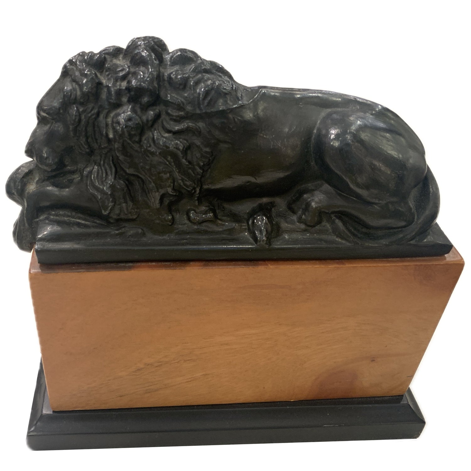 Vintage Black Metal Lion on Wood Base
