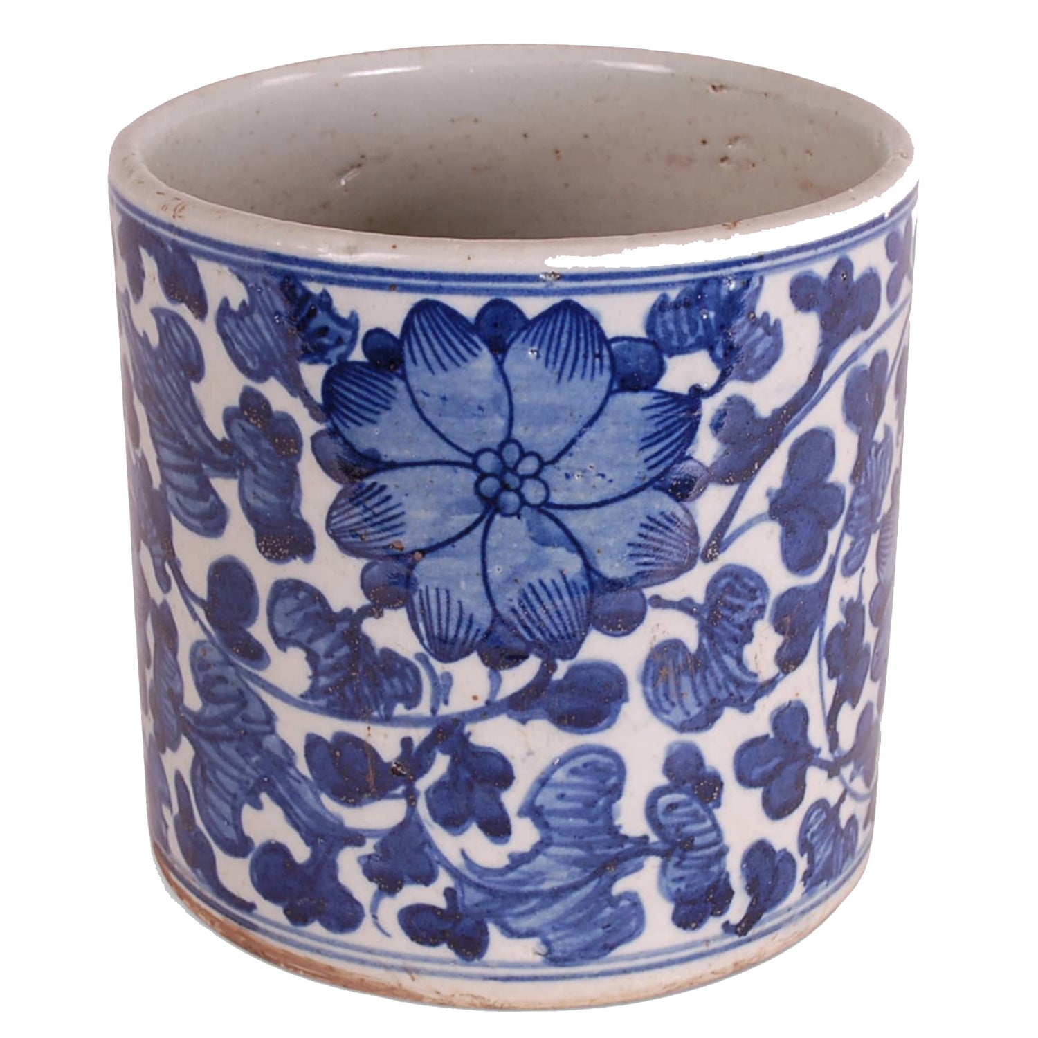 Blue & White Planter with Floral Motif, 6"dia x 6"h