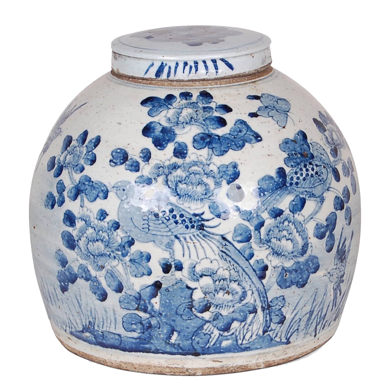Blue & White Foot-Stomped Porcelain Jar with Lid, Bird & Flower Motif, 10"h