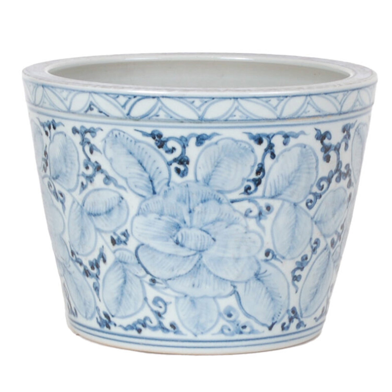 Washed Blue & White Planter with Floral Motif, 11"dia x 8"h