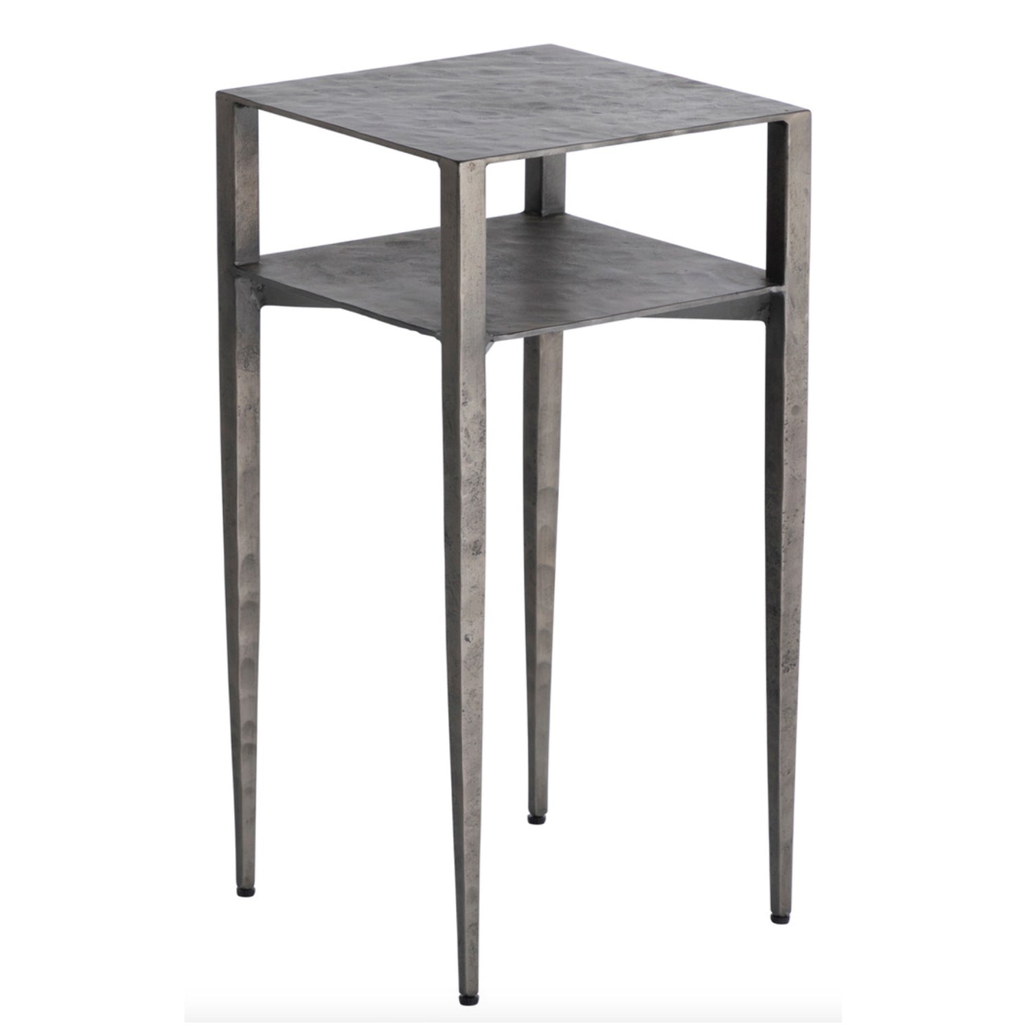 Antiqued Nickel Finished Iron, Two Tiered Side Table, 25.25"h