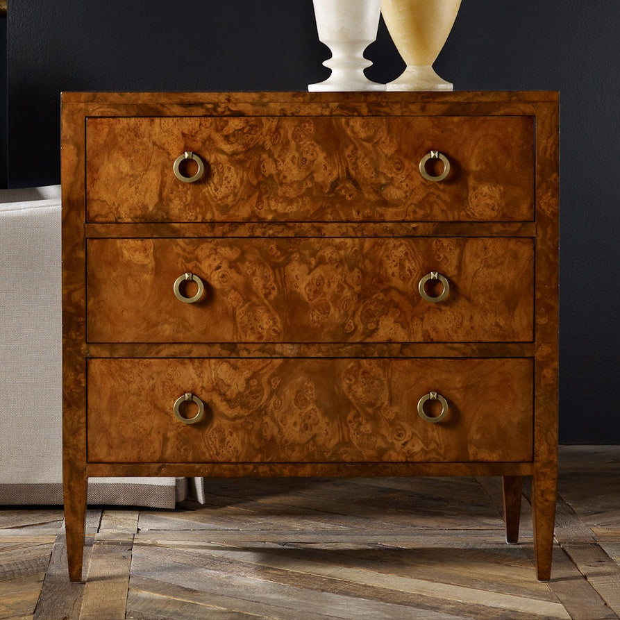 Modern History Walnut Burl Three Drawer Chest