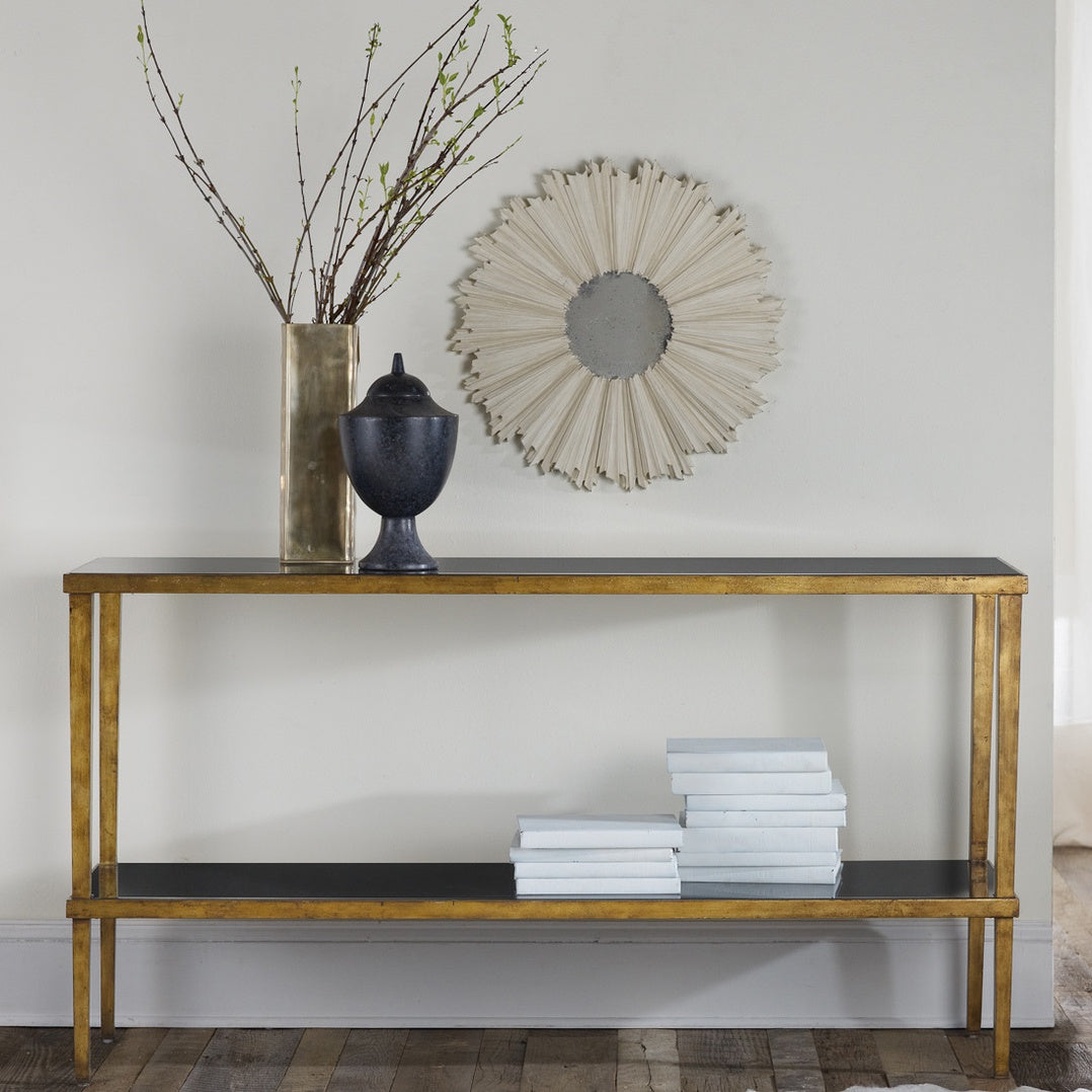 Modern History Gilded Gold Leaf and Black Glass Console, 60"w x 17"d x 32"h