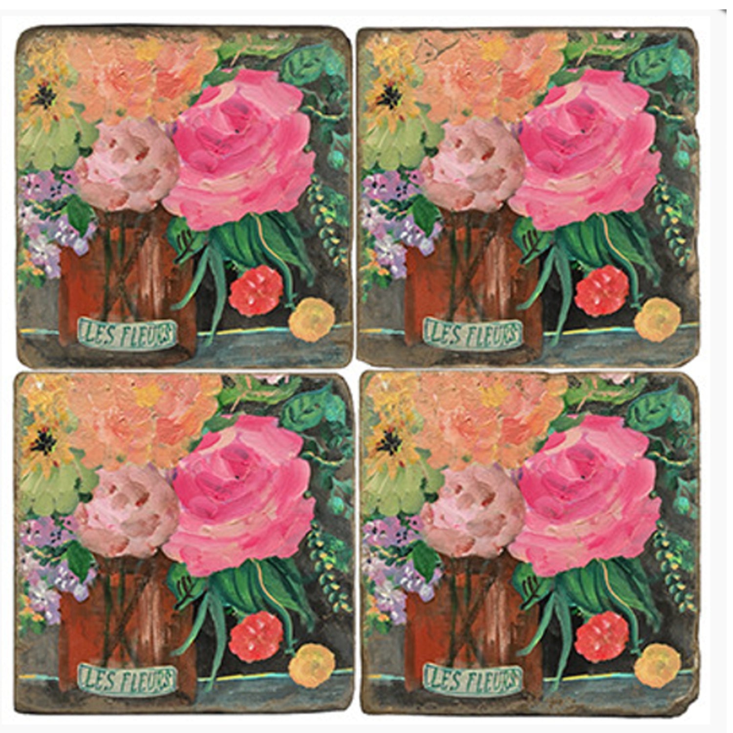Stone Tile Coaster: Les Fleurs in Amber Vase