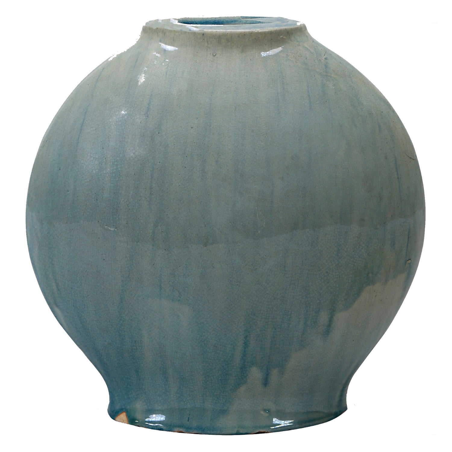 Blue Glazed Ceramic Flat Vase, 10.5"dia x 11"h
