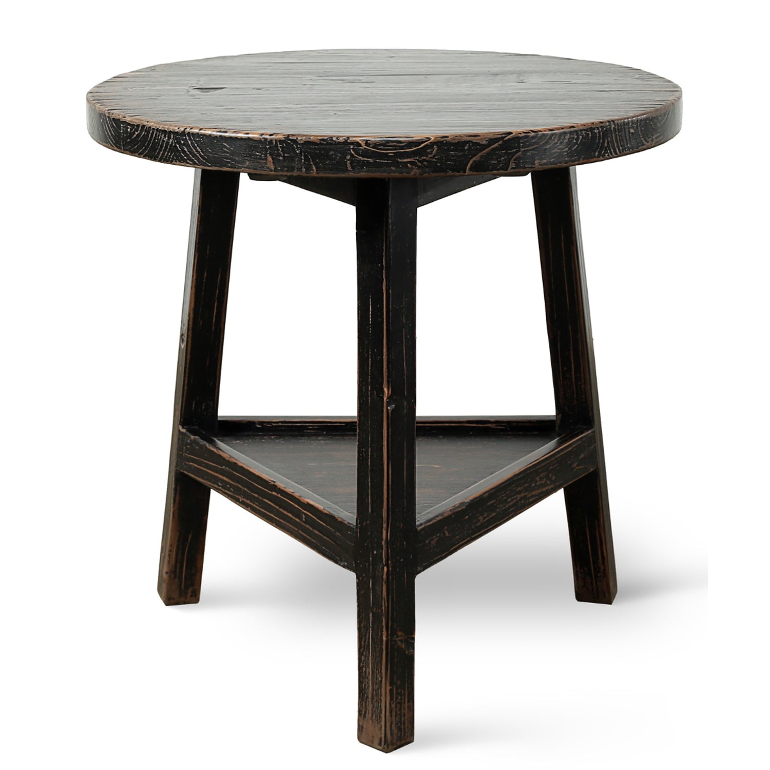 Distressed Black Finished Cricket Table with Shelf, 25.5"dia. x 25.5"h